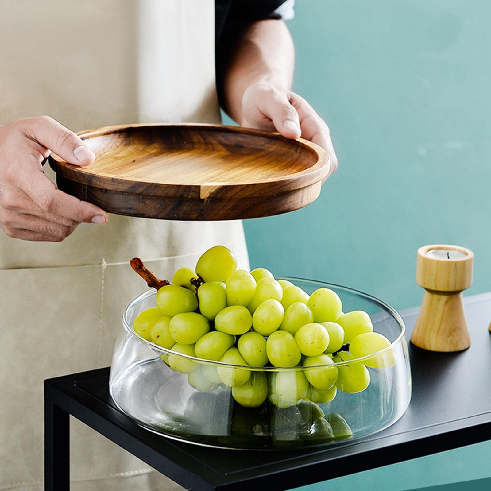 F Fityle Bol de Conservation de Fruits Secs Plat Verre Plateau Bois Boîte Alimentaire Finition Résistante Adaptée Conservation Noix Fruits Rangement Bureau Cha, A, Petit