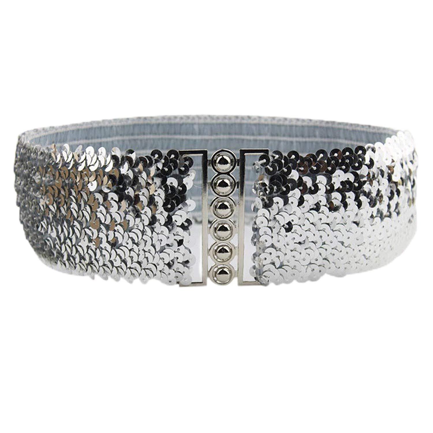 Trimming Shop 52cm Silver Glitter Sequin Adjustable - 70mm Wide Elasticated Stretch Waistband with Stylish Hook Fastening Buckle - Western Outfits Belt for Women