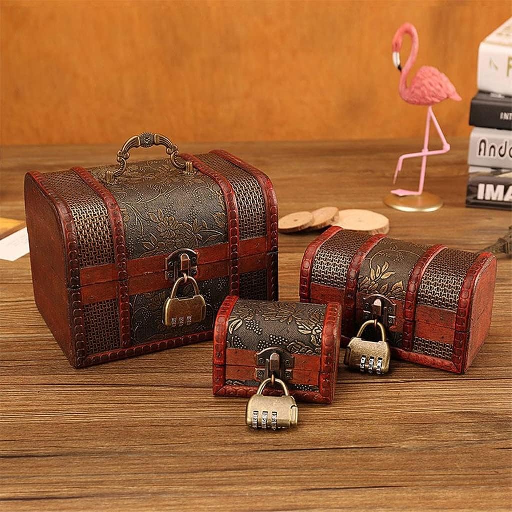 Vintage Wood Case with Lock Storage Container Box Trinket Bracelet Pearl Wooden Treasure Chest(10x6x6.5cm)