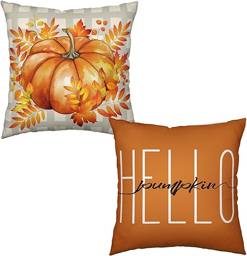 Miniatura 1 de Juego de 2 fundas de almohada decorativas de otoño de 20 x 20 pulgadas, con hojas de arce, calabaza, casa de campo, fundas de almohada de lino
