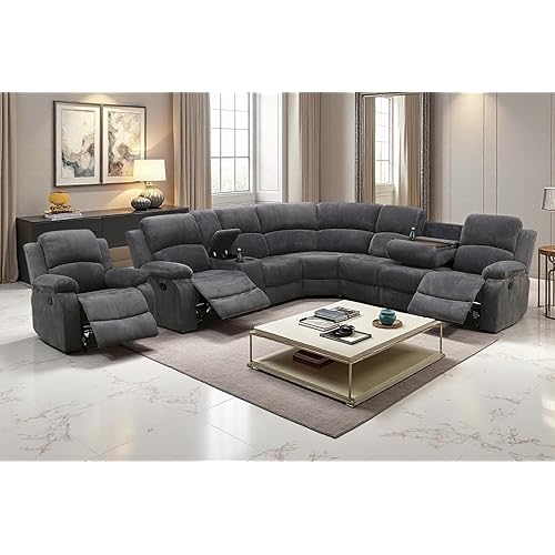 A Ainehome Furniture Sectional Couch Recliner Sofa Set with Storage, Corduroy Sofa Sets Manual Reclining Sectional Couches for Living Room with 3 Recliner Seats(Living Room Set, Dark Grey)