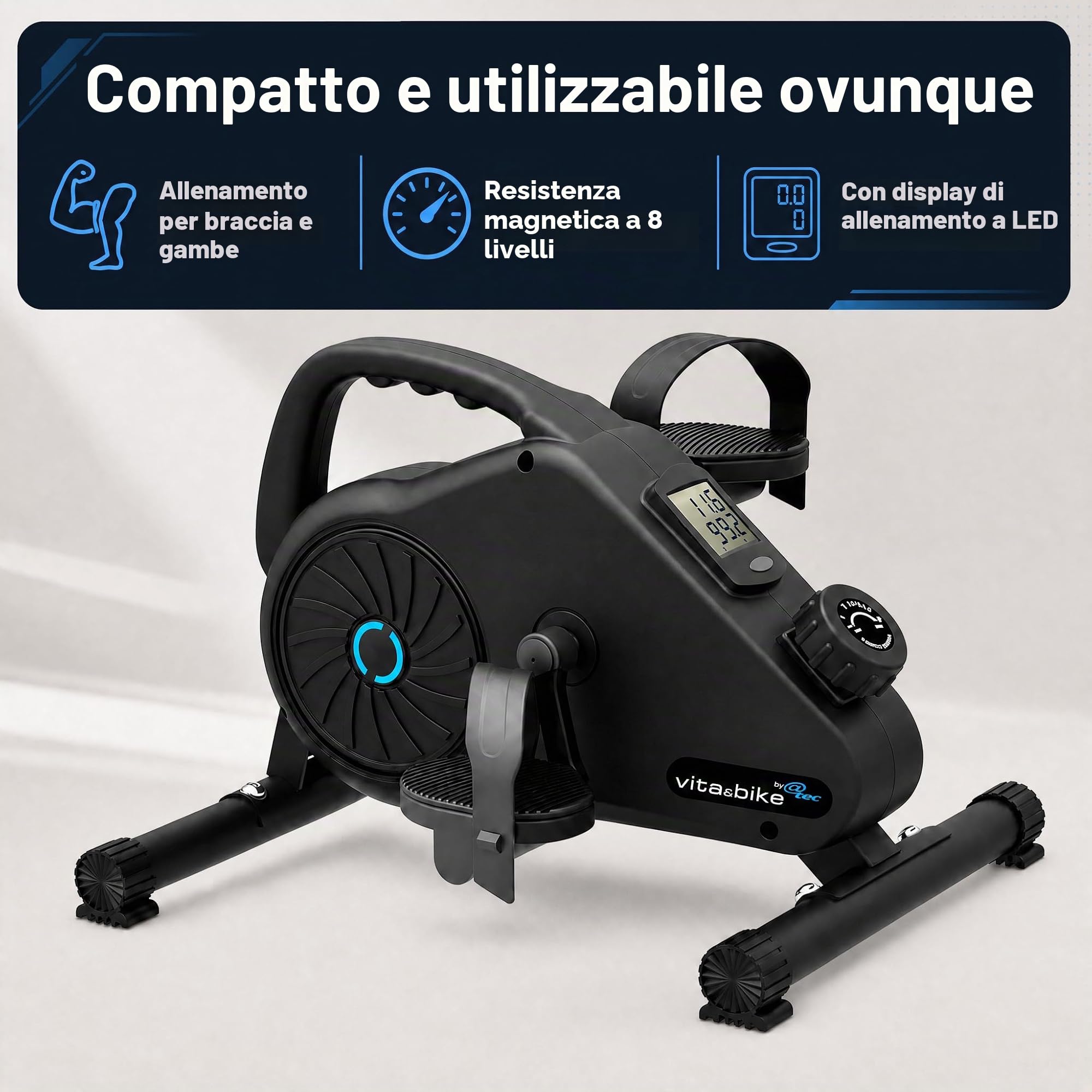 Vita&Bike Mini Fitness Cyclette con sistema di frenatura magnetica a 8 livelli, pedaliera per braccia e gambe, indicatore LED di allenamento