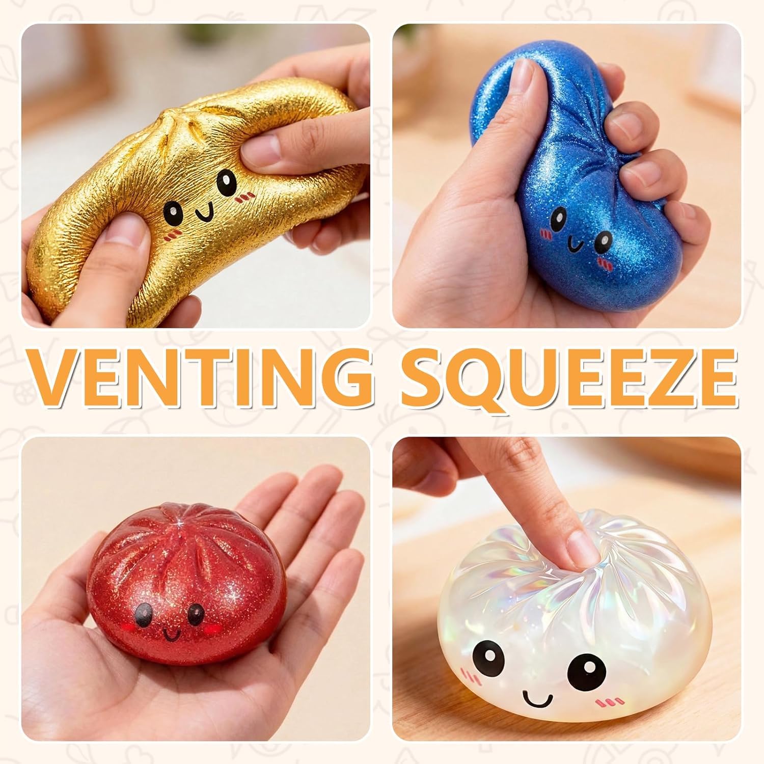 Glitter Dumpling Squishy Box, Dumpling Squishies, Sensory Squeeze Toy for Stress Relief, Soft Decompression Dough for Adults Office and Home Use (Ribbon Emoji bun) — view 3