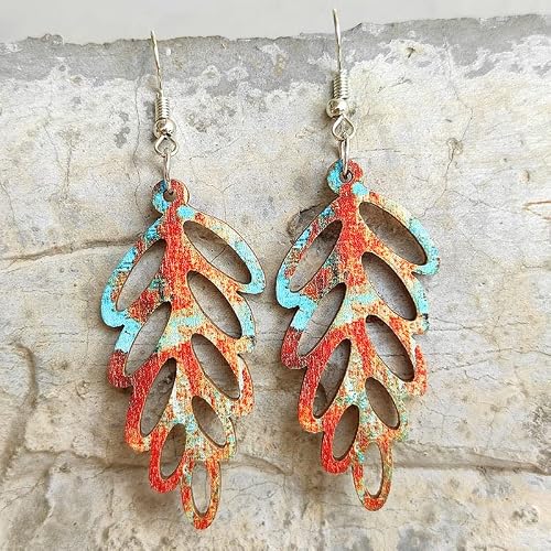 Colorful Nature Wooden Leaf Dangle Drop Earrings Handmade Bohemian Vintage Lightweight Hollow Wood Leaf Hook Earrings-A #TOP2