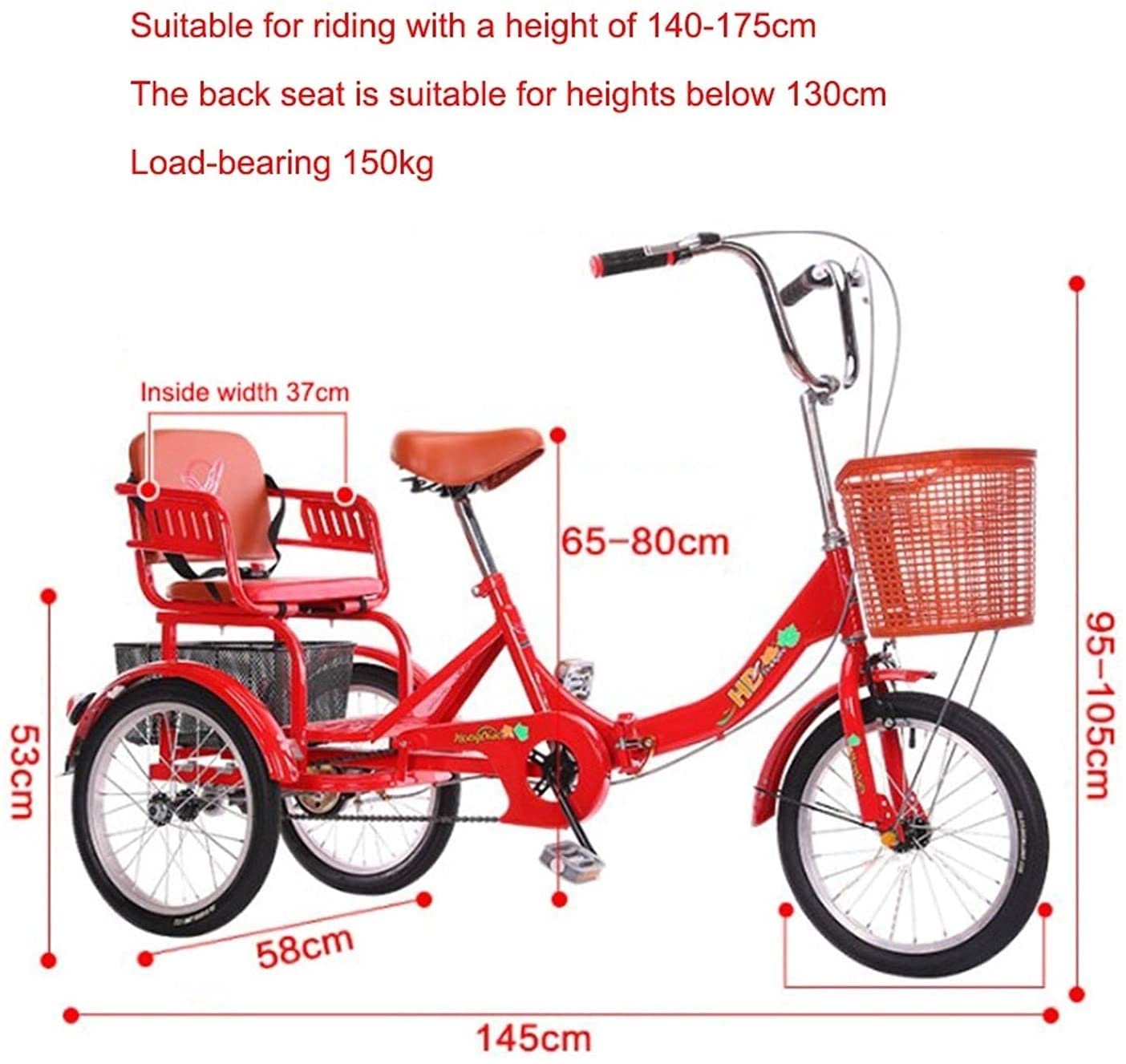 PAGOIAAR Adult Cargo Tricycles Beach Cruiser Bikes Shopping Safe Mini Adult Tricycle Foldable with Basket and Back Seat 16inch 3 Wheeled Bicycle for Men Women Recreation Shopping Exercise
