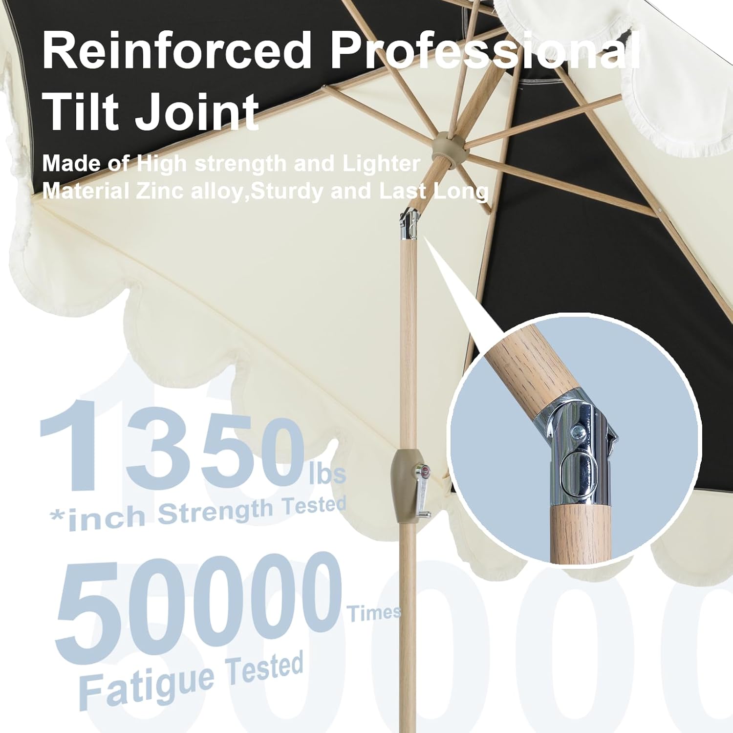 Tempera 9ft Scalloped Patio Umbrellas with Fringe, Market Umbrellas with Water-Resistant and Fade Resistant Canopy, 1.5" Wood Pole & Button Tilt.