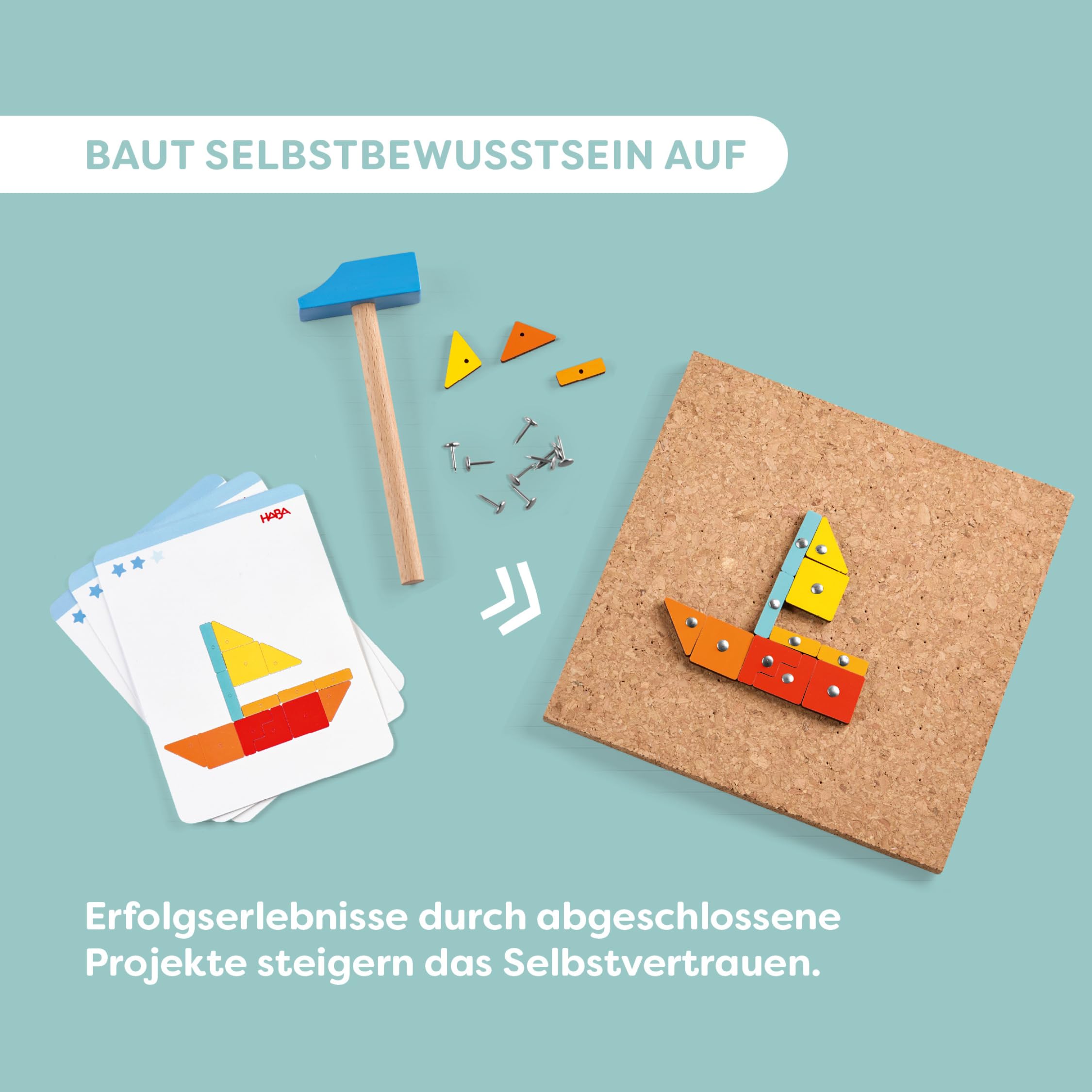 HABA Hammer-Nagelspiel: Geo-Formen – Holzspielzeug mit Hammer und Nägel für Kinder ab 3 Jahren – Kreativspielzeug mit Korkplatte & Vorlagen – 2013791001
