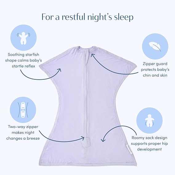 SleepingBaby Bamboo Zipadee-Zip Transition Swaddle - EverSoft Starfish Design Breathable Wearable Blanket with Two-Way Zipper, Medium (6-12 months), Lilac