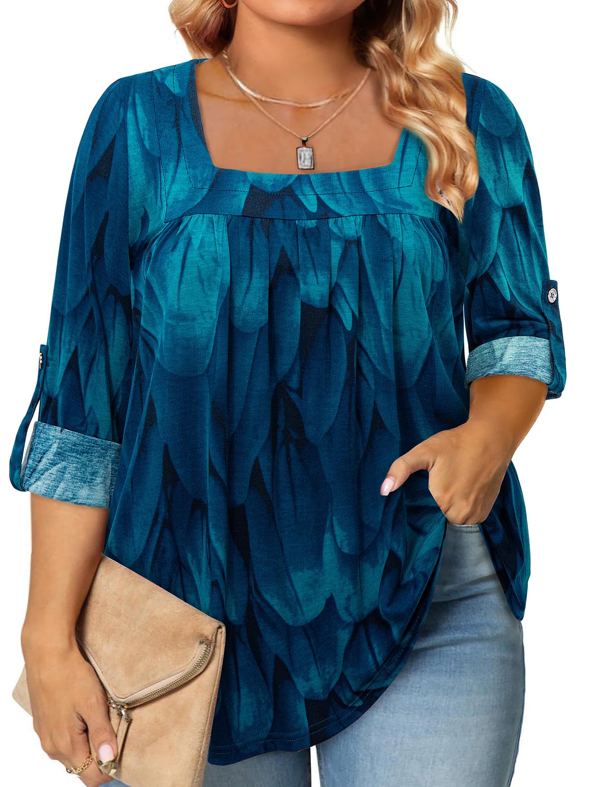 Siddhe Womens Plus Size Tops Loose Fit 3/4 Ruffle Sleeve Blouses Square Neck T Shirt Casual Tunic Tops(1X-5X)