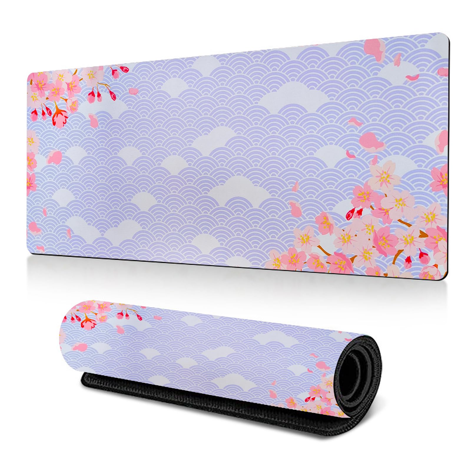 Gaming Mouse Pad 800x300mm Large Gaming Mouse Mat with Stitched Edges, Japanese Cherry Blossom Keyboard Desk Pad, Comfortable Mousepad with Non-Slip Rubber Base (Light Purple 80 * 30cm)