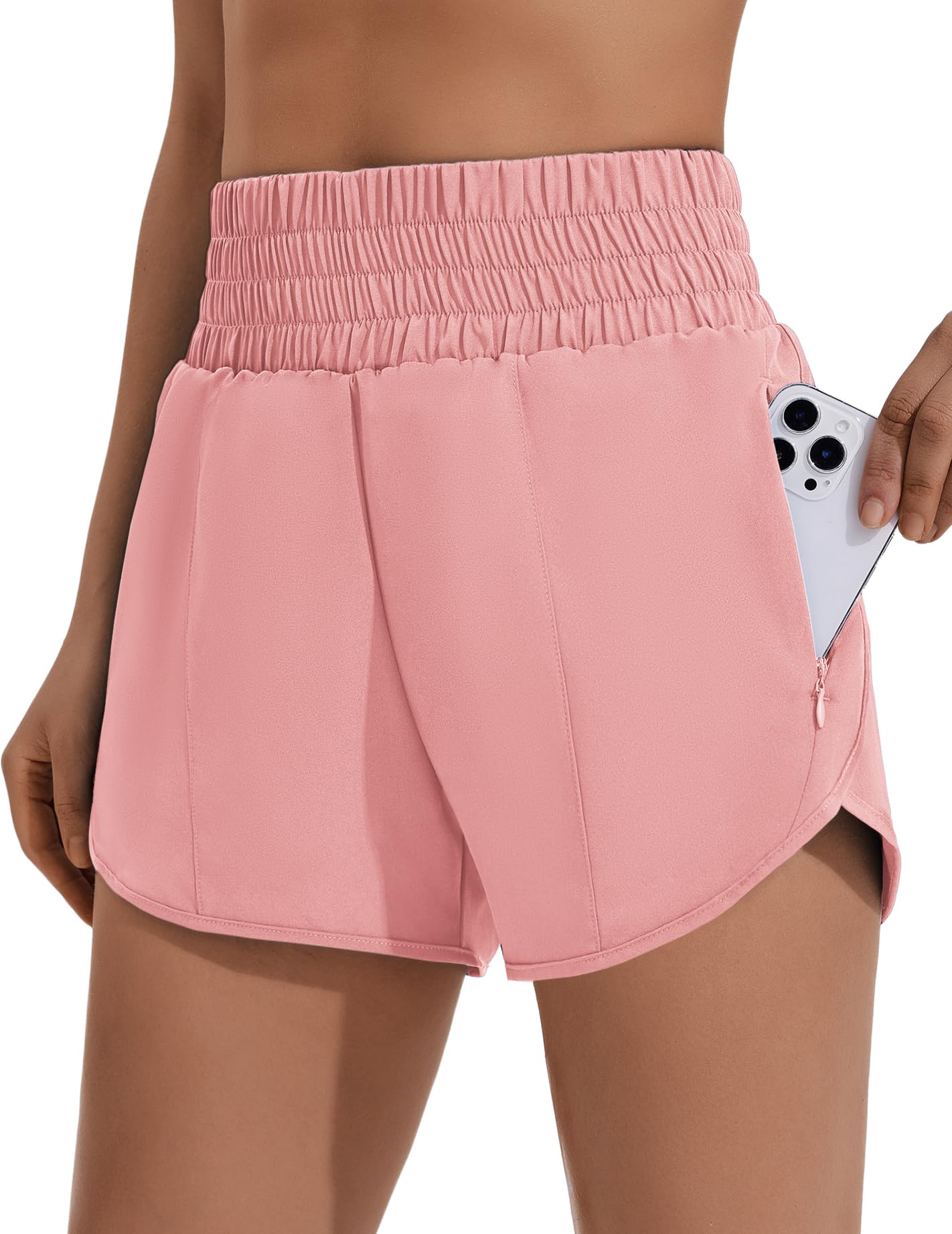 PINSPARK Women 3'' High Waisted Running Shorts Athletic Workout Short Quick Dry Mesh Liner Dolphin Shorts with 2 Zip Pockets