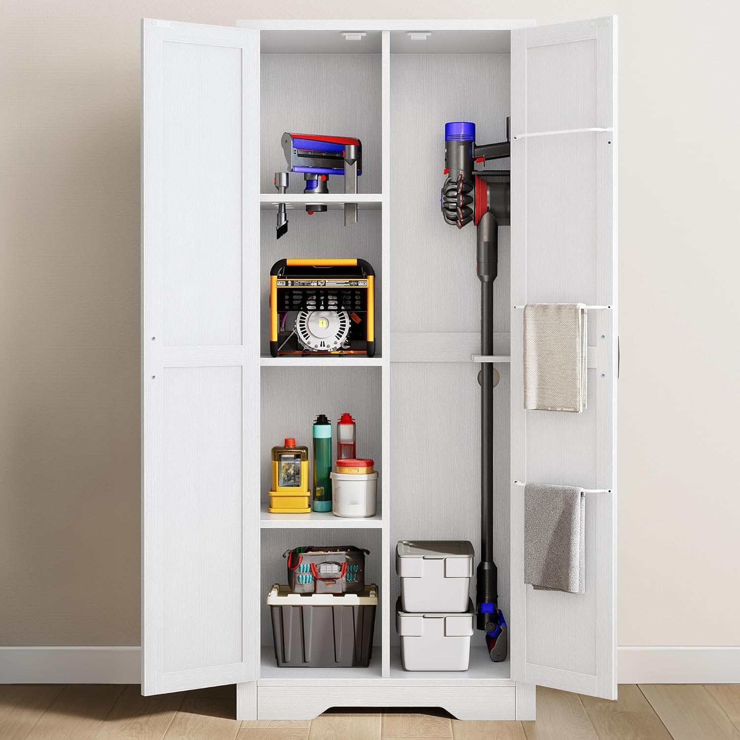 DWVO Wooden Storage Cabinet, Vacuum Cleaner Storage Compatible with Dyson Models, Utility Stand for Brooms and Mops, Cleaning Tool Cabinet with Doors for Garage, Office, Home