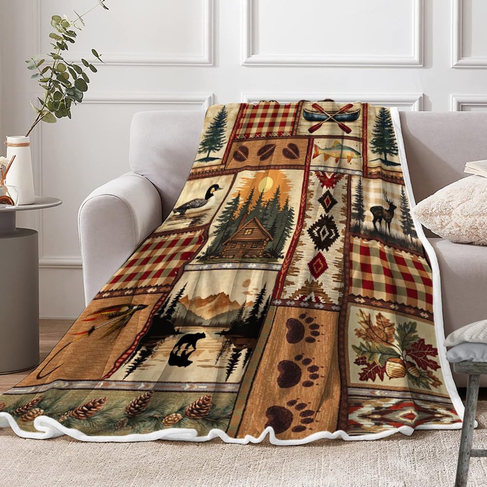 Rustic Cabin Blanket, Rustic Lodge Flannel Throw Blankets Bear Deer Country Hunting Wild Animal Cozy Warm Bed Couch Blanket, Rustic Farmhouse Bear Flannel Throws for Bed Couch, 50"X70", Brown - Image 2