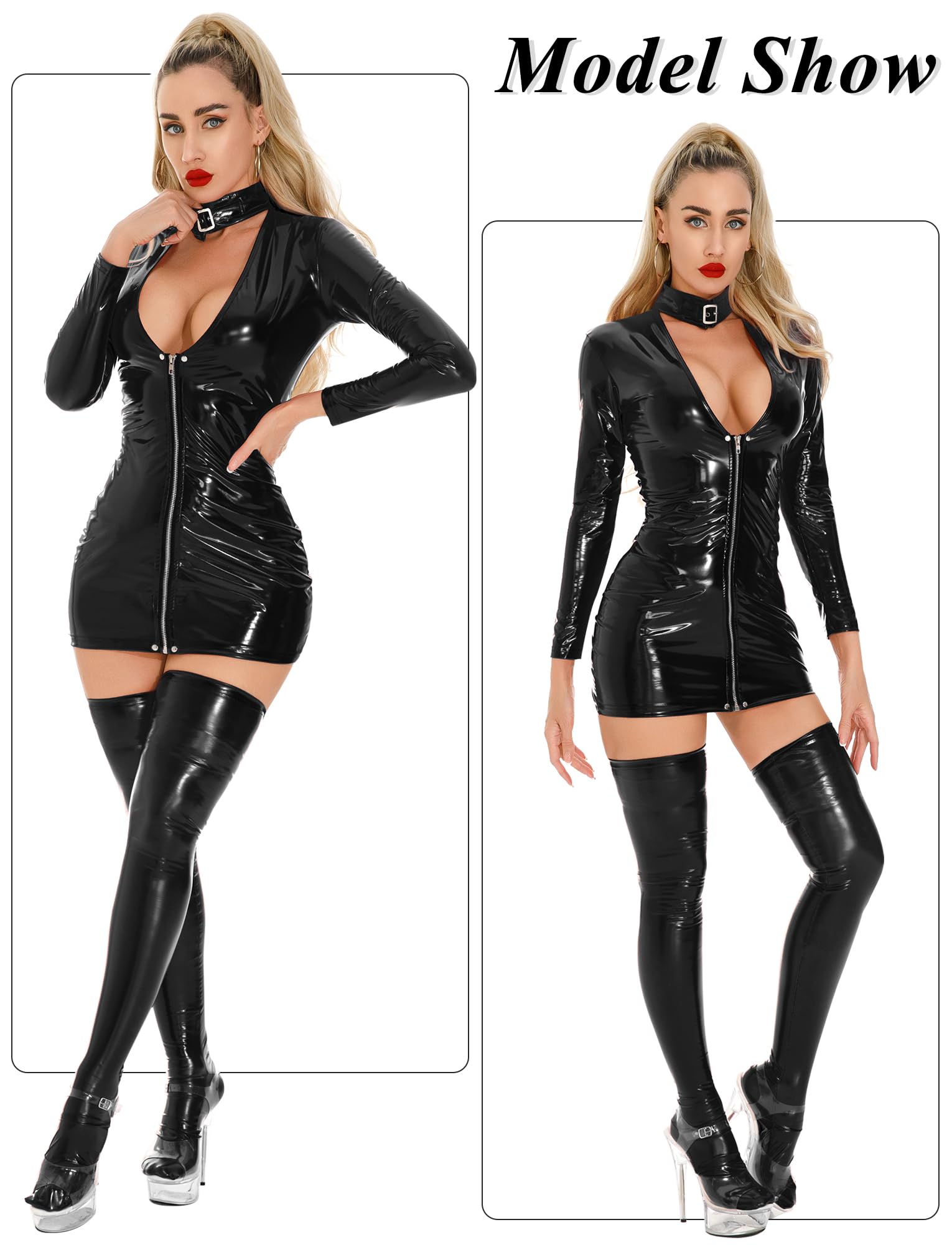 Maeau Robe en cuir verni à paillettes pour femme - Robe moulante - Manches longues - Hanches creuses - Effet mouillé - Mini robe moulante - Clubwear - UE XS-XL (Asie S-3XL)