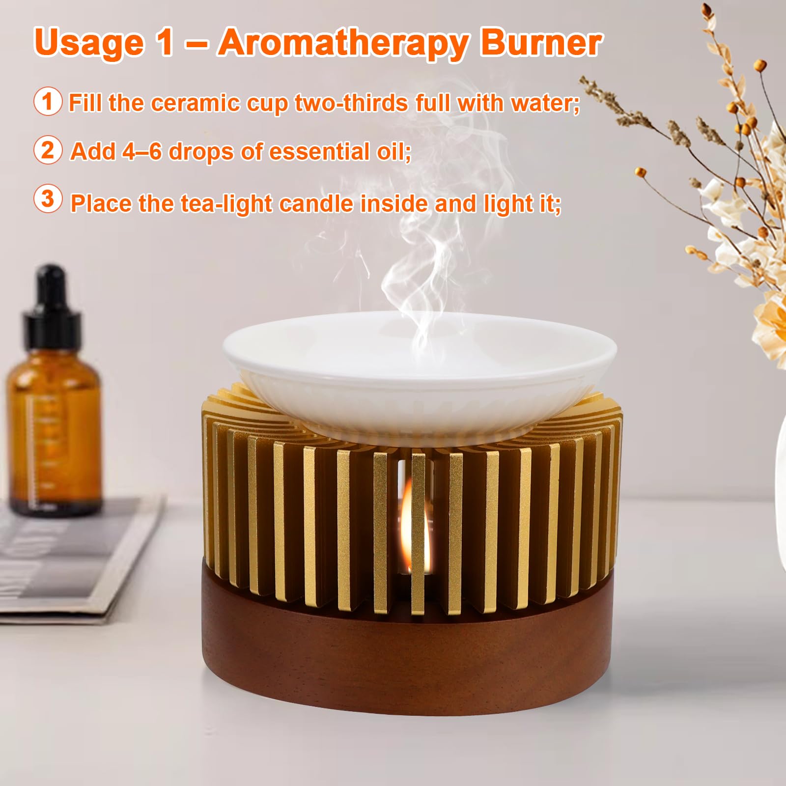 Lampe parfumée pour huiles essentielles, bougie à thé, diffuseur d'arômes, diamètre : 11 cm, en aluminium, avec bol en céramique, pour aromathérapie et décoration (doré)