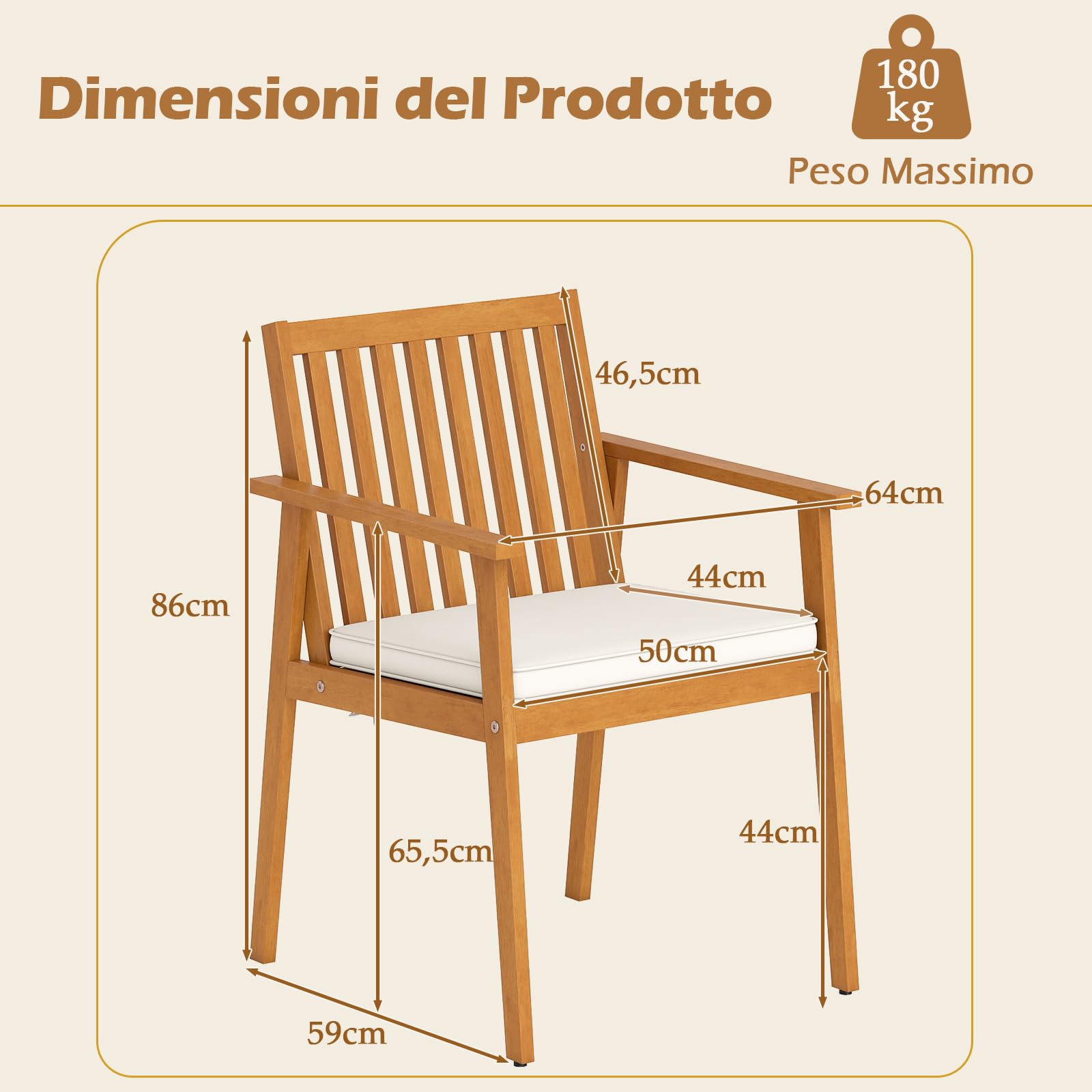COSTWAY Set 2 Sedie da Giardino, Poltrone in Legno di Acacia per Esterno, con Cuscino, per Giardino Patio Cortile, Portata 180 kg, 64 x 59 x 86 cm (Giallo Teak)