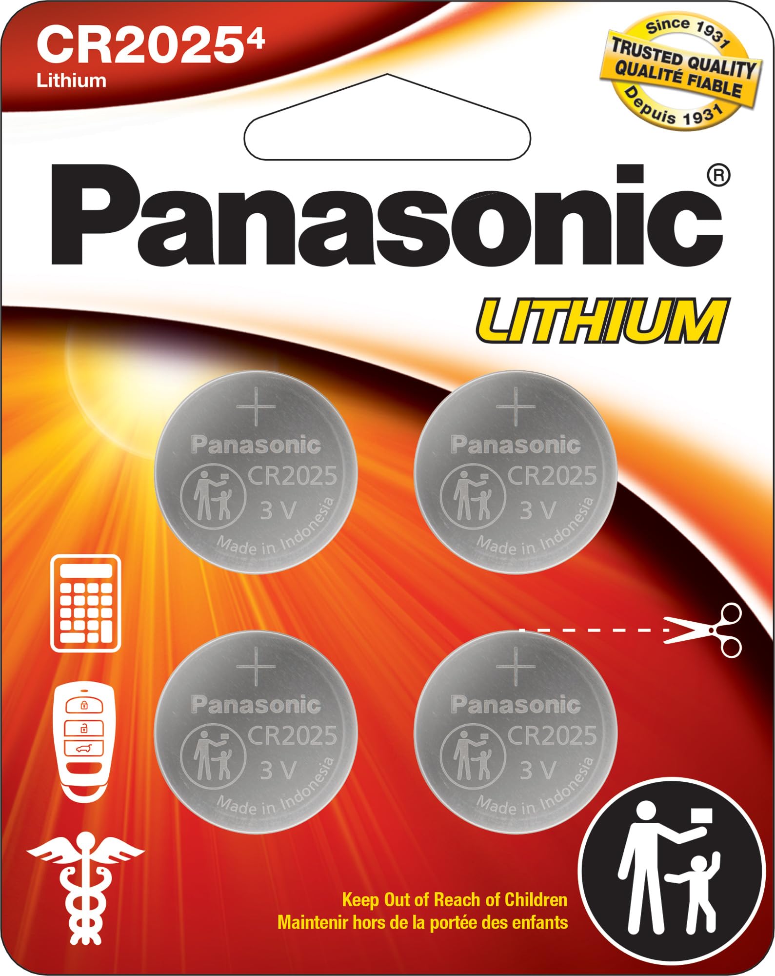 Panasonic CR2025 3.0 Volt Long Lasting Lithium Coin Cell Batteries in Child Resistant, Standards Based Packaging, 4-Battery Pack