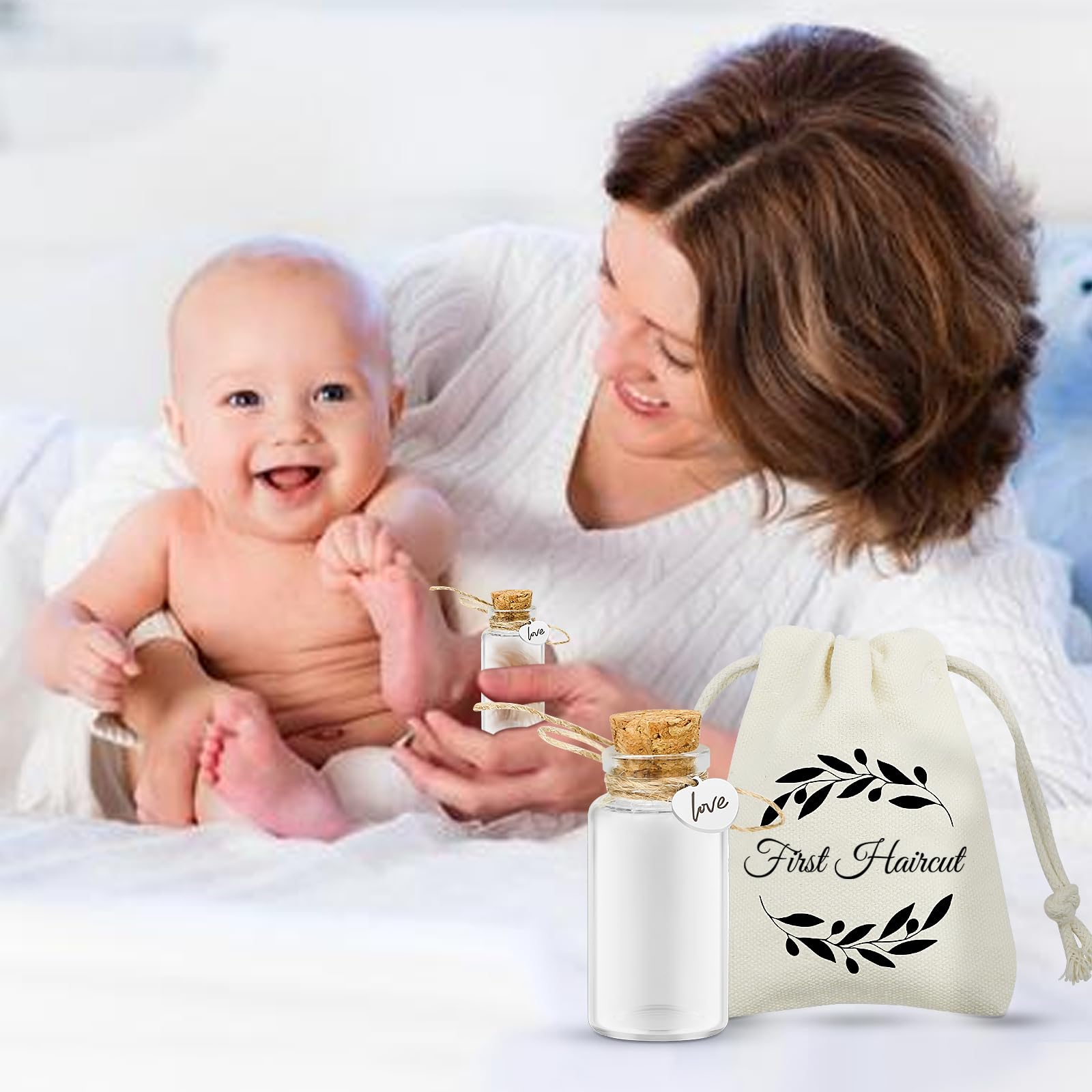 Bouteille Souvenir en Verre avec Bouchon en Liège pour Première Coupe de Cheveux de Bébé, idéale pour conserver les cheveux du fœtus et les commémorer, Coffret Cadeau (love)