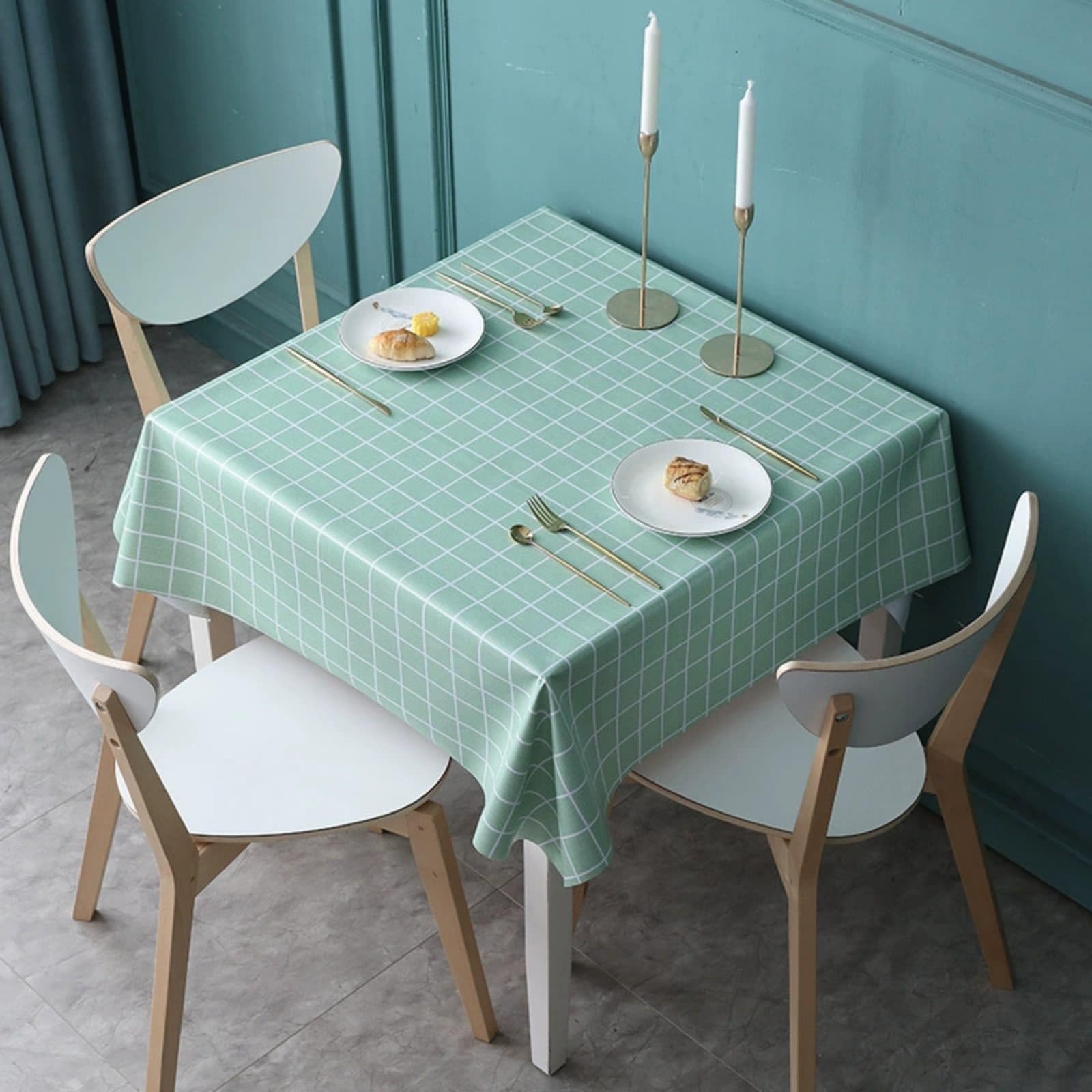 FANSU Wipe Clean Oilcloth Tablecloth Square Rectangular, Plaid Style Waterproof Oil Proof Garden Tablecloth PVC Plastic Table Cloth for Party Birthday Kitchen Dining Picnic (Green,90x90cm)