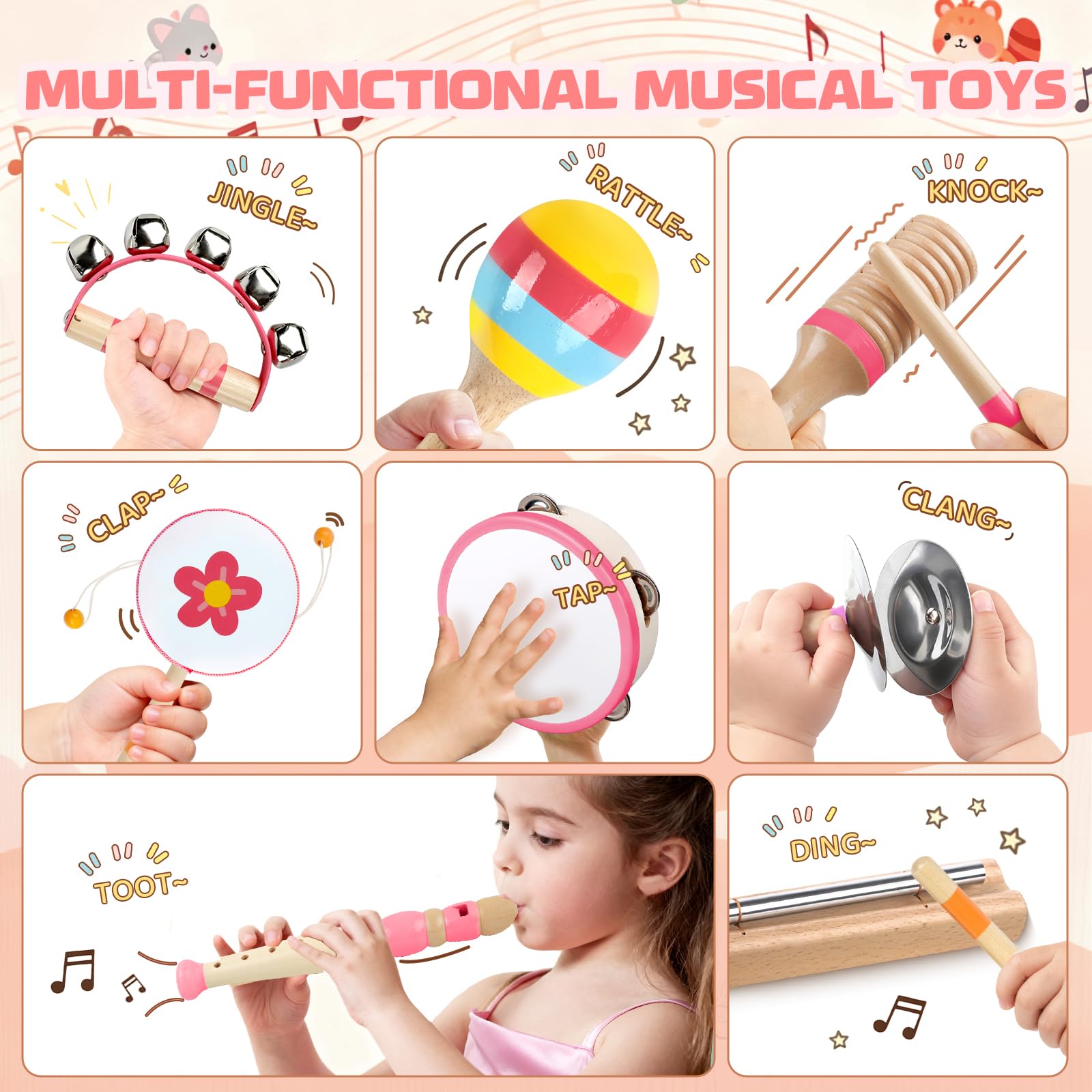 Strumenti musicali per bambini - Giocattoli musicali Montessori per tutti-piccoli, Set di strumenti a percussione in legno, Giocattoli di risveglio musicale (Pink)