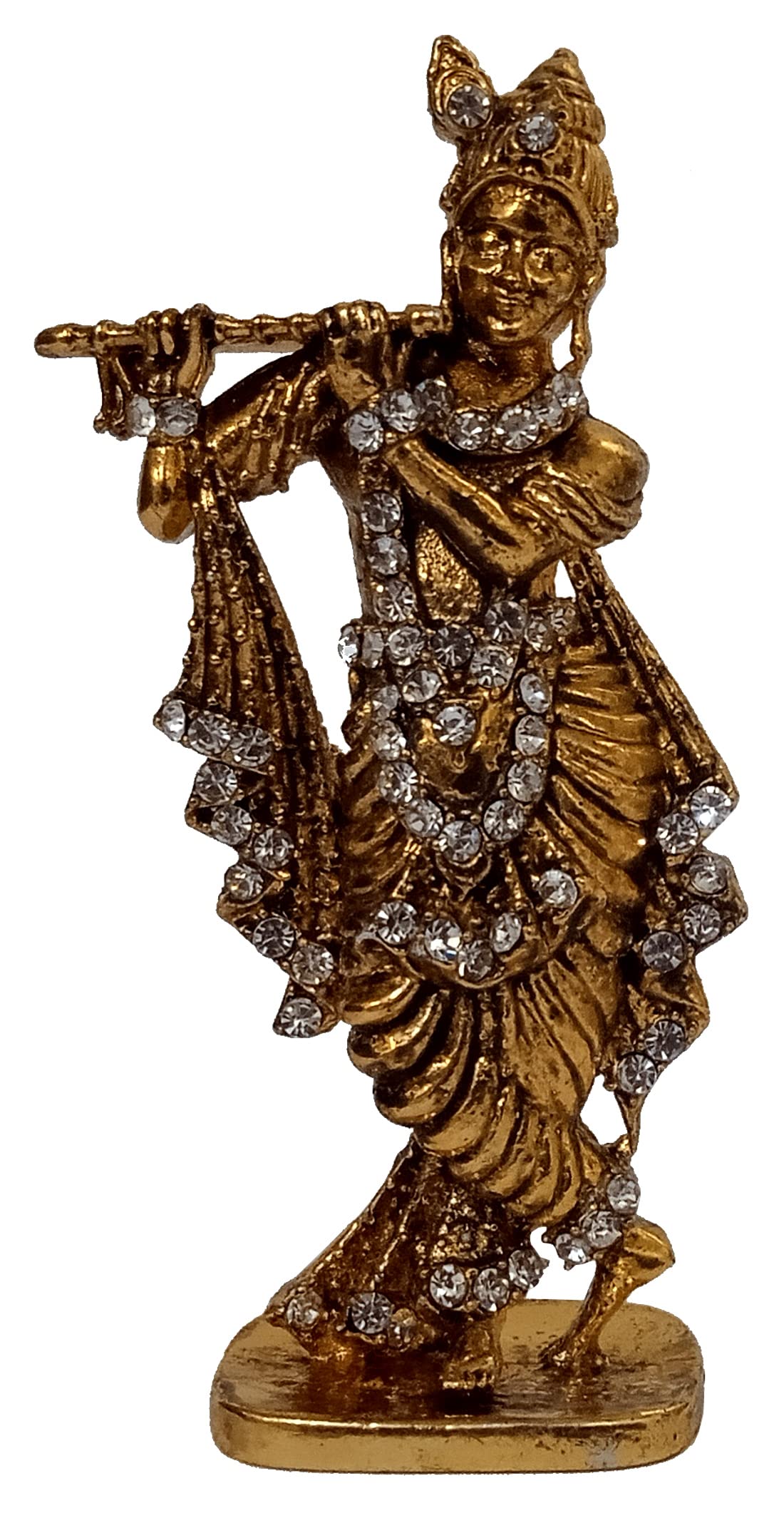 Purpledip Metal Statue Krishna Kishan With Flute: Mini Idol With Glittering Stones For Car Dashboard Or Home Temple (12453A)