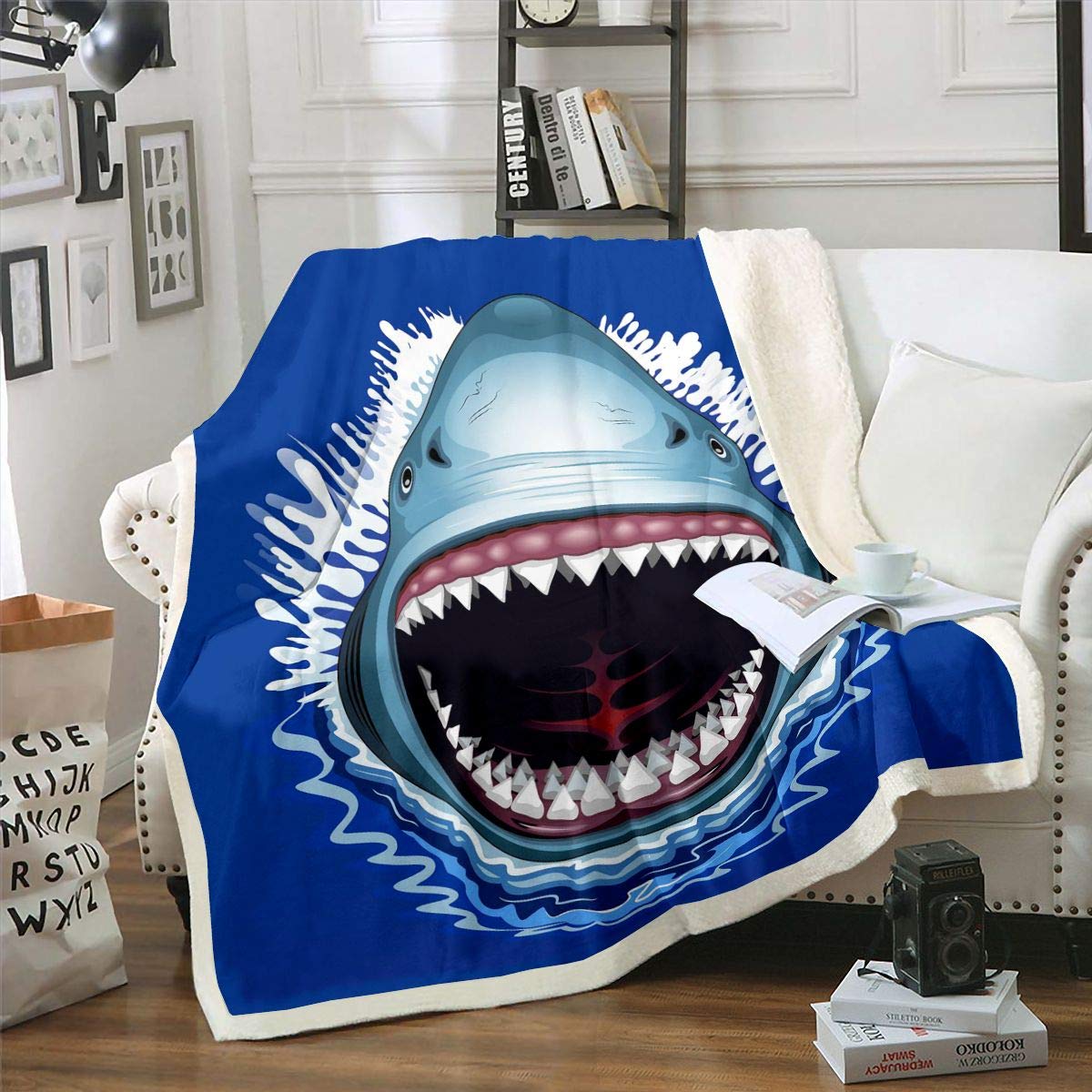 Coperta in pile con squalo, per divano, divano, oceano, tema marino, sherpa, coperta mare subacquea, decorazione del mondo in peluche, motivo: creatura spaventosa, coperta per bambini 76,2 x 101,6 cm