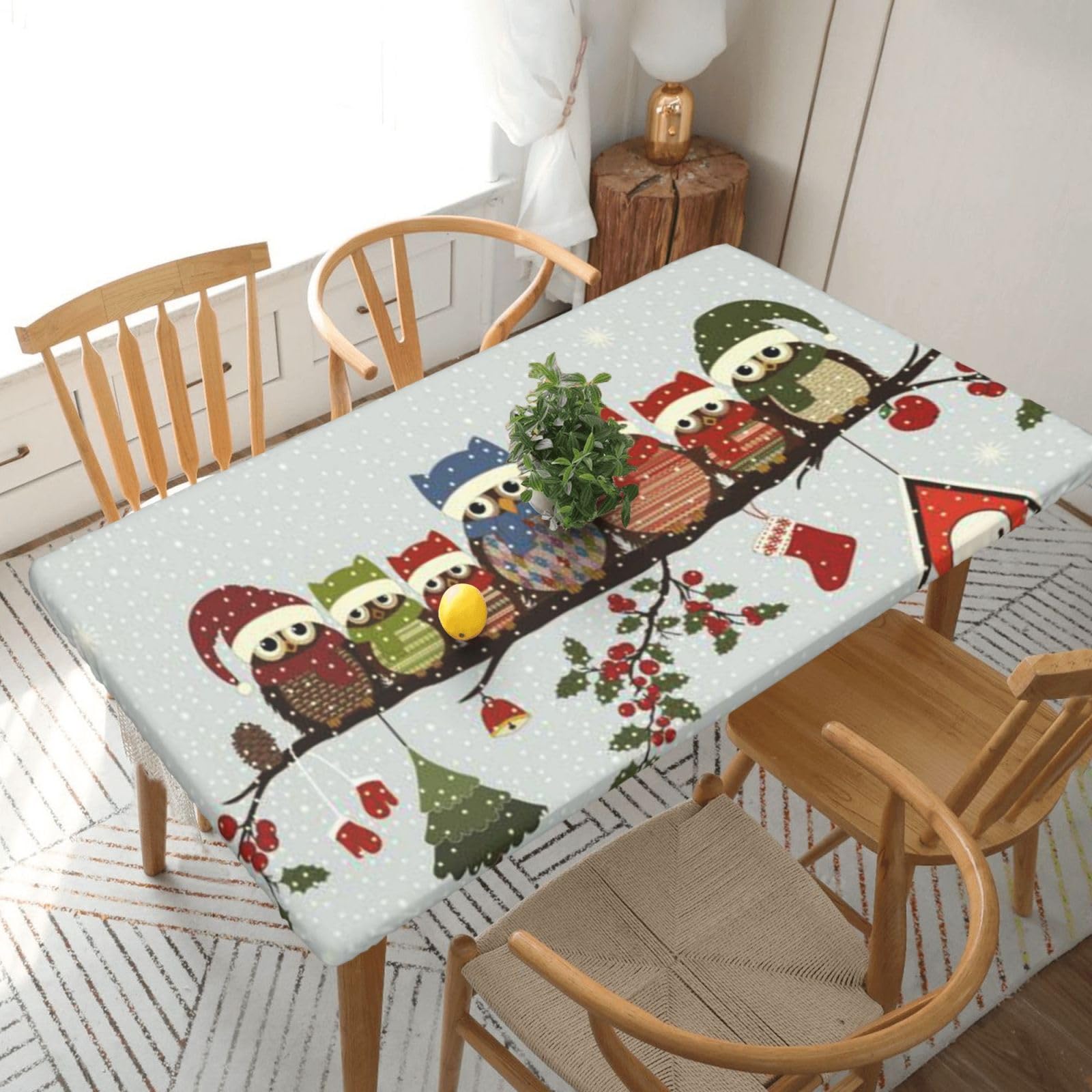 BNVSADC Cute Christmas Owls on Branch Printed 5FT Tablecloth Polyester Kitchen Water Resistant Table Cloth Dining Table Decoration Table Covers, 152x76 CM