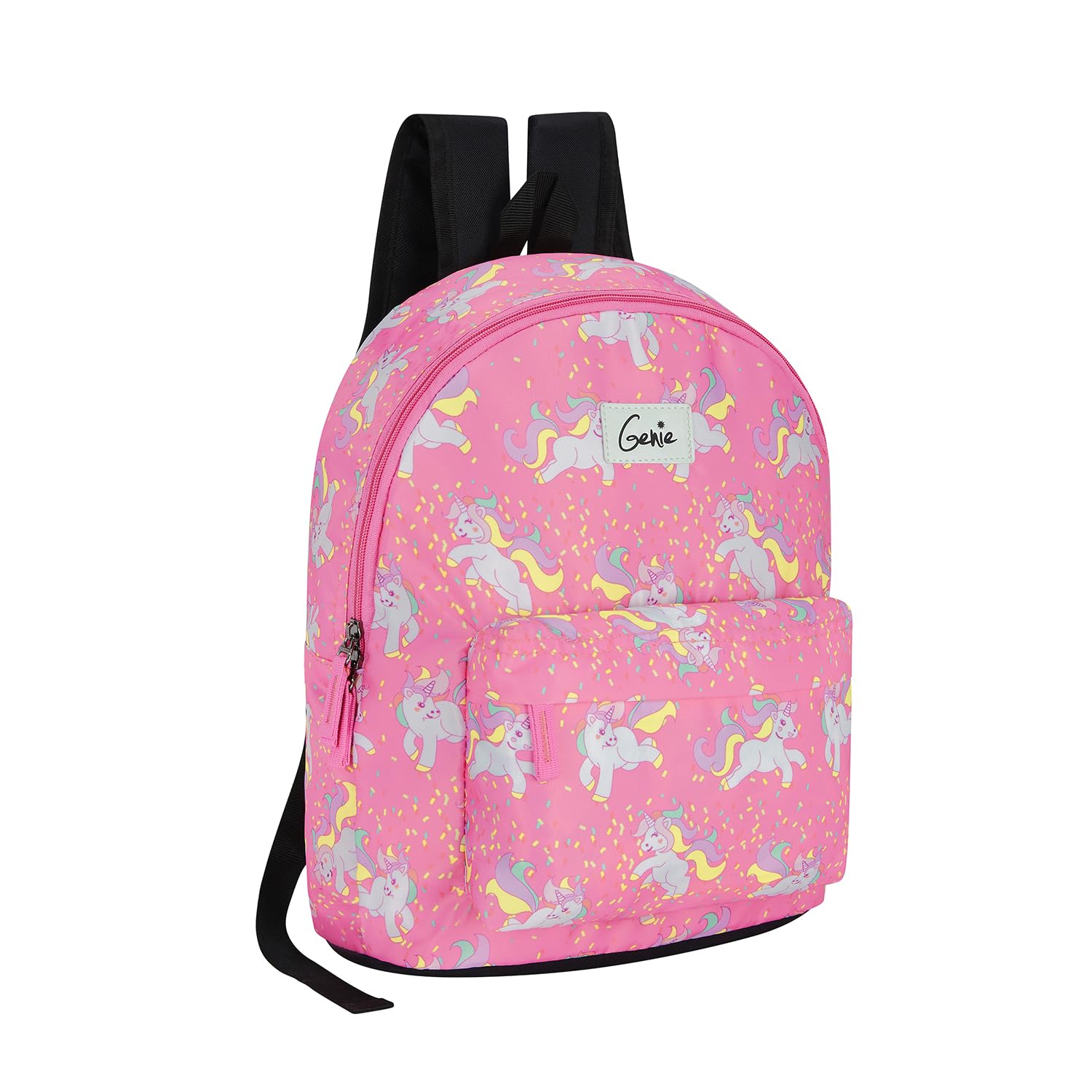 Genie Unicorn Casual Backpack for Girls |14 In-13 Ltr with Three Compartments,Side Pockets and Light Weight with Padded Shoulders |Best for Books,Stationery, Lunch Box & Essentials - Pink