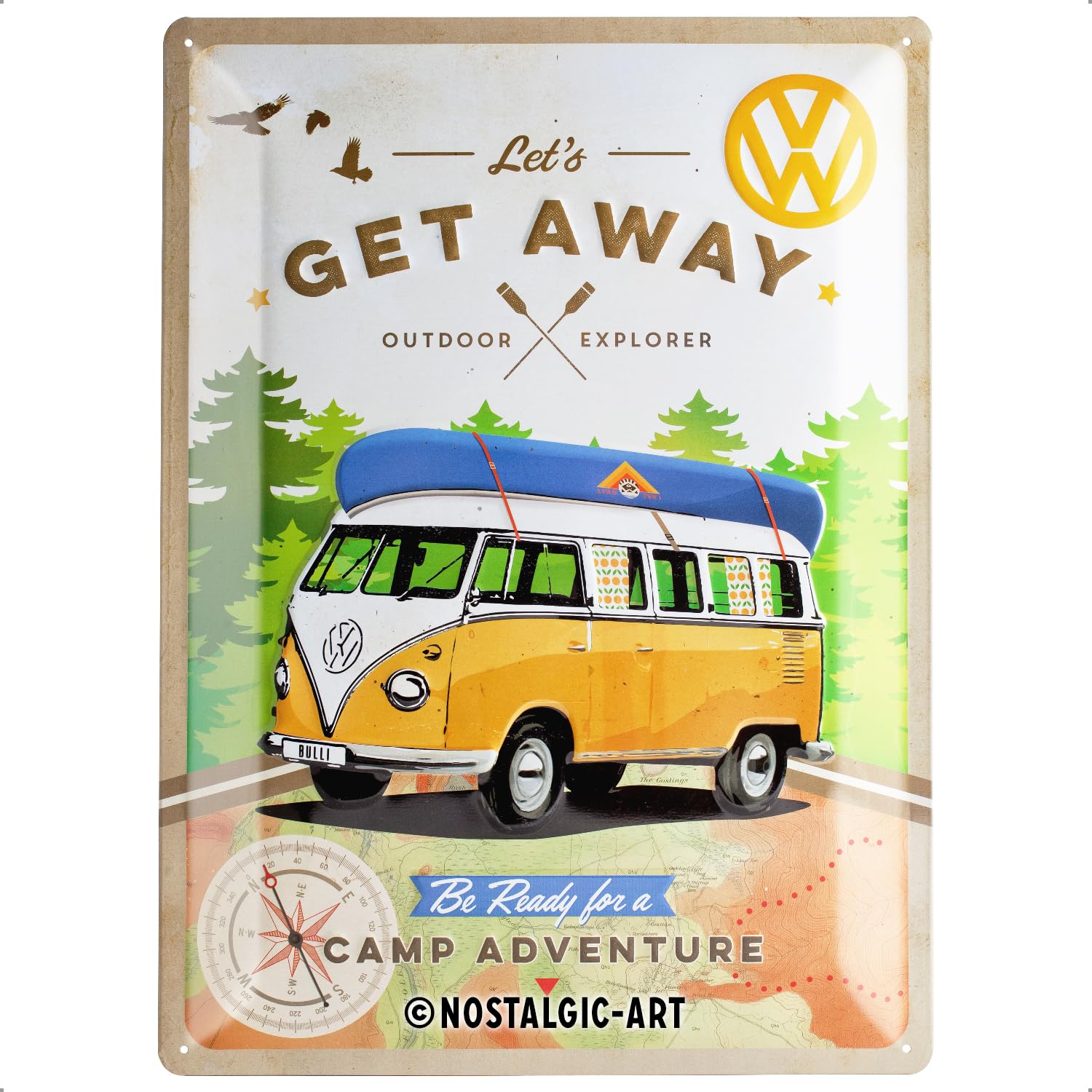 Nostalgic-Art Retro Tin Sign – Volkswagen Bulli T1 – Let's Get Away – VW Bus gift idea, Metal Plaque, 30 x 40 cm