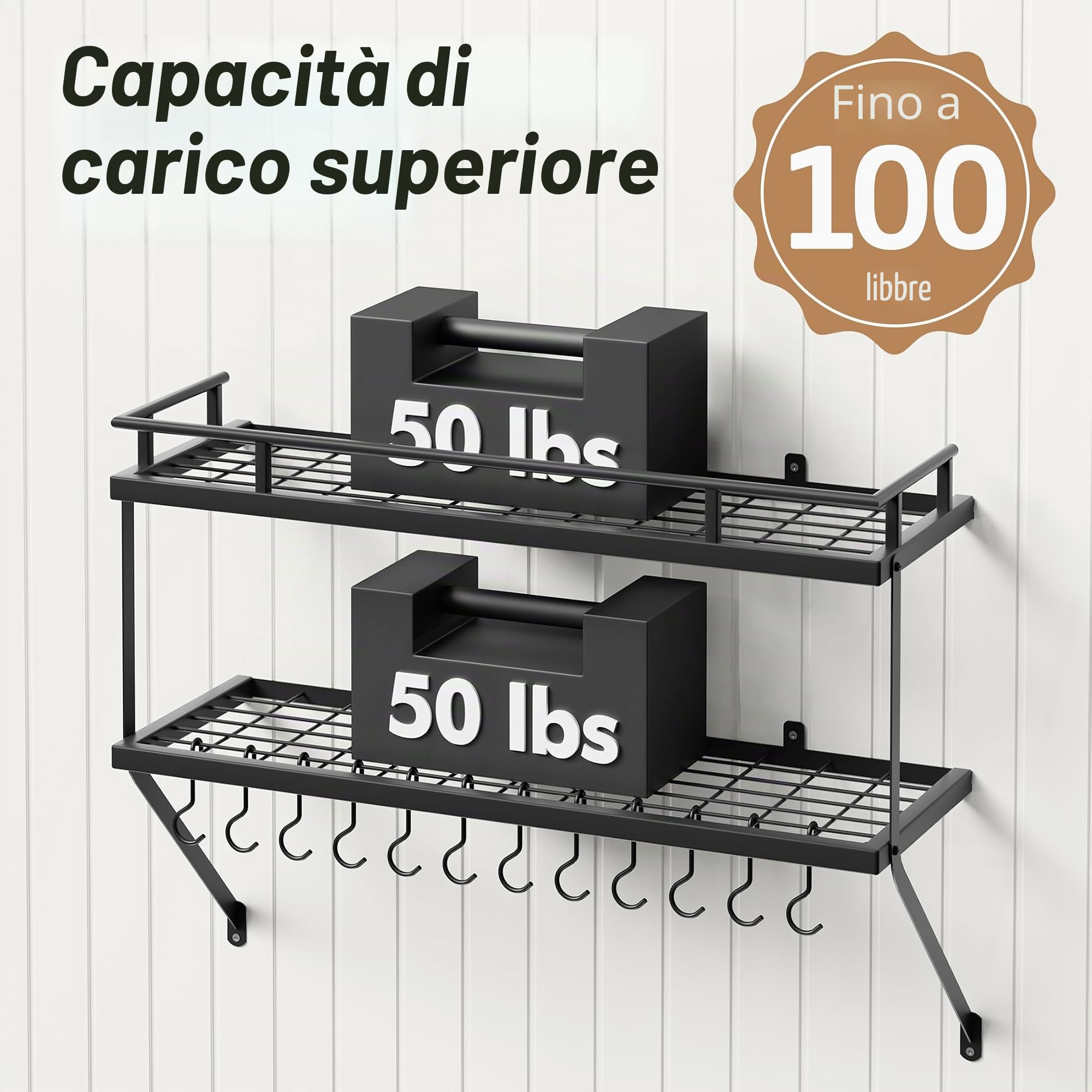 KES Porta Pentole da Cucina Rastrelliera 76CM Pentole Sospese per L'archiviazione e L'organizzazione Della Cucina Mensola per Pentole e Padelle con 12 Ganci Nero Opaco 2 Livelli, KUR215S75B-BK