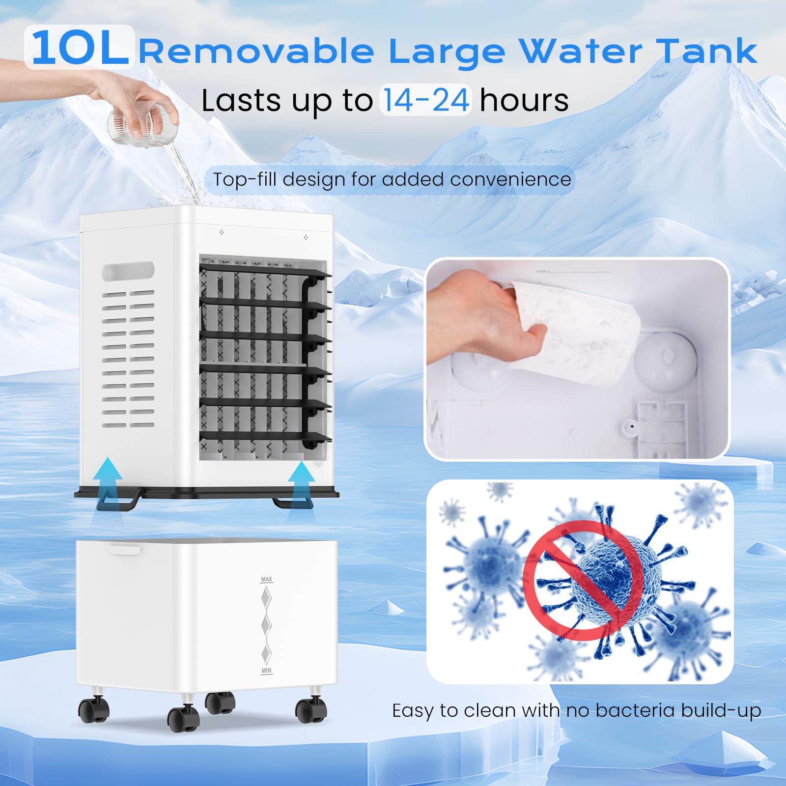 Condizionatore Portatile 12L Serbatoio Estraibile, Raffreddatore d’Aria senza Tubo 45W, 3 Modalità 6 Velocità, 4 in 1 Climatizzatore Evaporativo Silenzioso Timer 1-12 H, Telecomando per Casa e Ufficio
