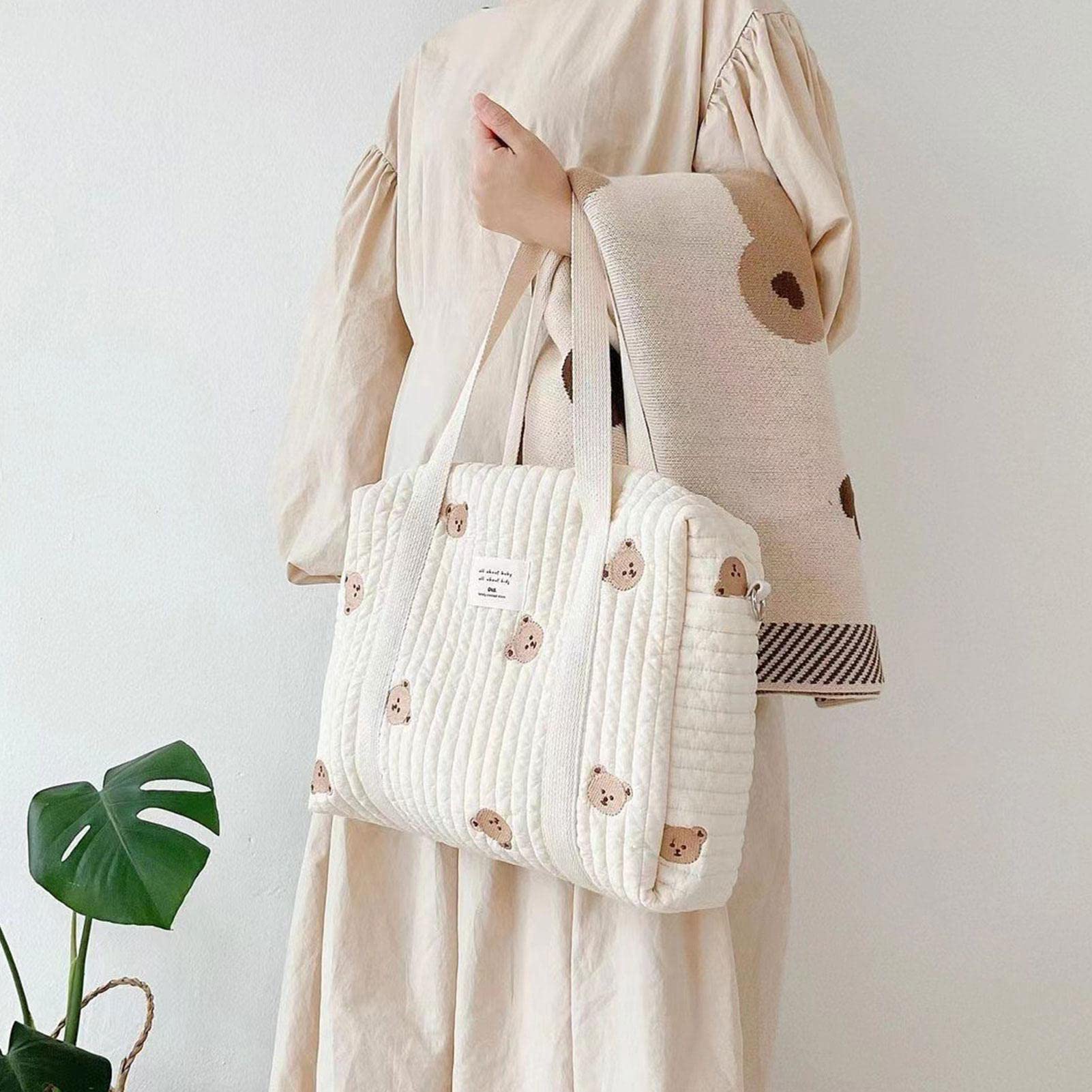 Sac à Langer Portable Grande Capacité en Coton avec Bandoulière