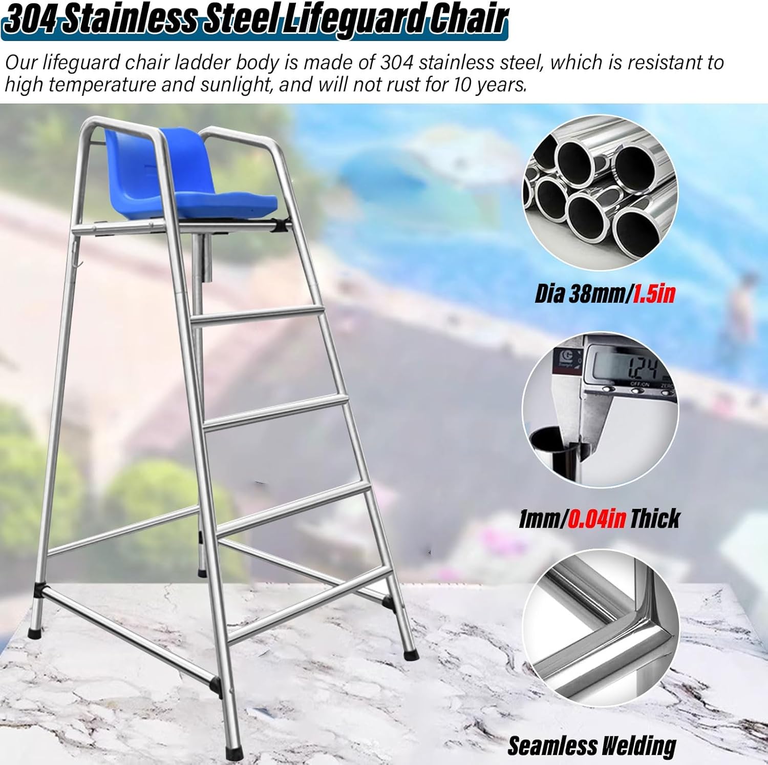 Heavy Duty Lifeguard Chairs for Public Pools, Stainless Steel Ladder Stool for Waterparks, Tall Outdoor Deck Chairs for Beach, Lake, Garden, Backyard - 180CM, Silver