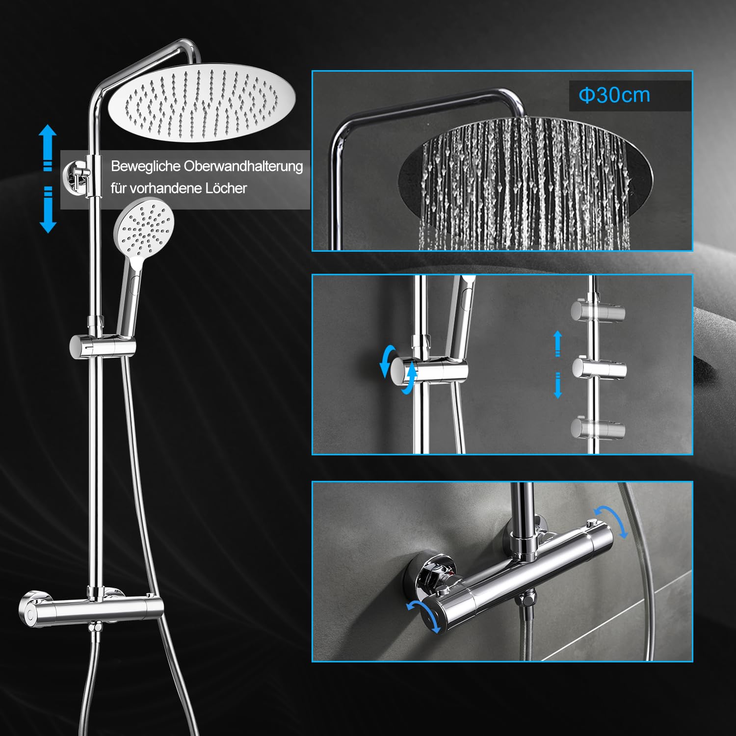 Görbach Colonne de Douche avec Robinetterie Ensemble pour Salle de Bain et Baignoire avec Mitigeur de Douche Système de Douche Thermostatique avec Douchette 3 Jets et Tête de Douche D30cm