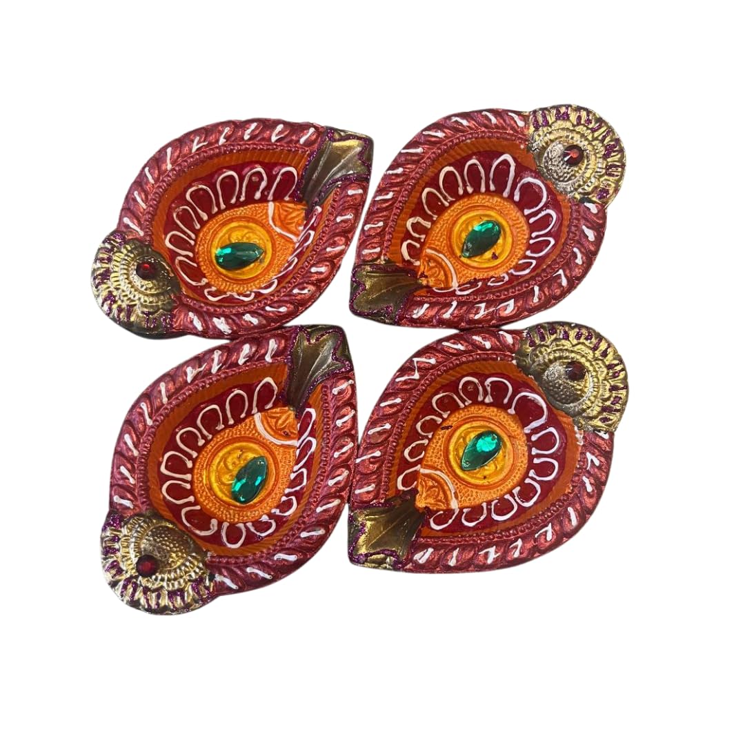 Set of 4 Red Leaf Shape Decorative Diyas with Green Stone Center, Handcrafted Traditional Oil Lamps for Diwali, Pooja, Temple, Rangoli Decoration, Festival Lighting and Gifting Purpose