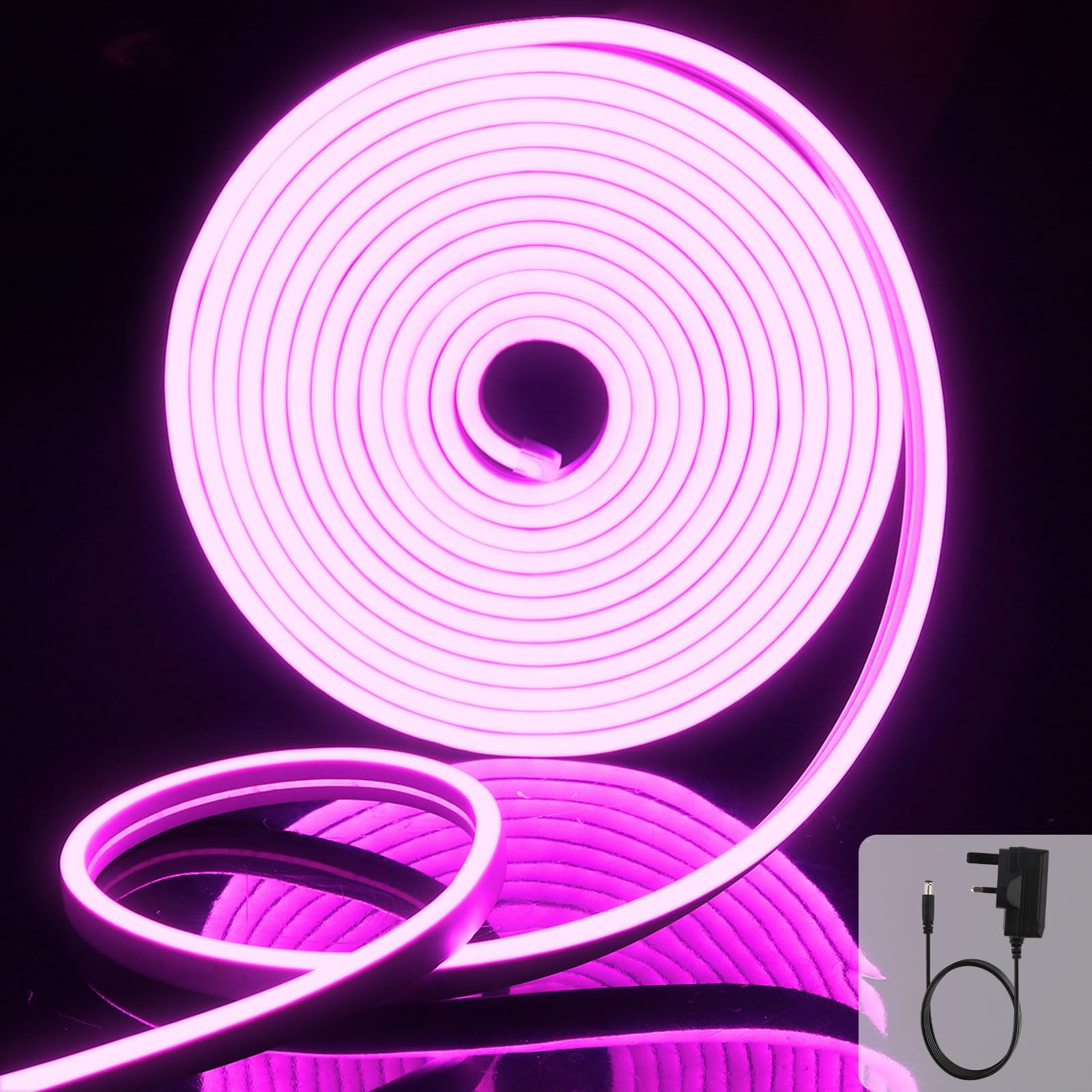 EXTRASTAR Neon Led Strip Light 5M 12V with Power Adapter, IP65 Neon Led Rope Light Cuttable 8.5W/M, Pink Light