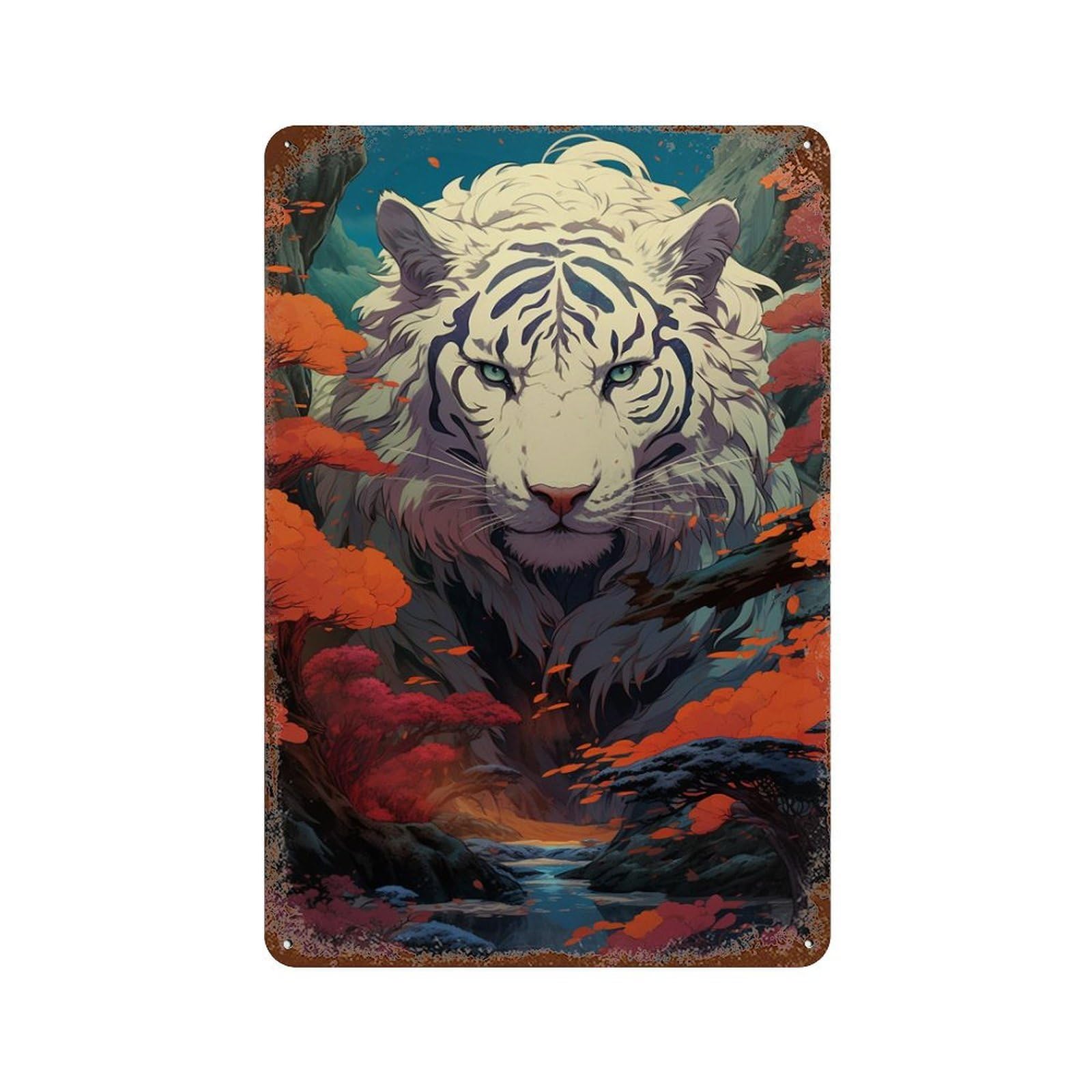 Vintage Rust Metal Sign White Tiger in Autumn Forest 11.8"x7.9", Vintage Wall Decor for Office, Studio And Wall Decor