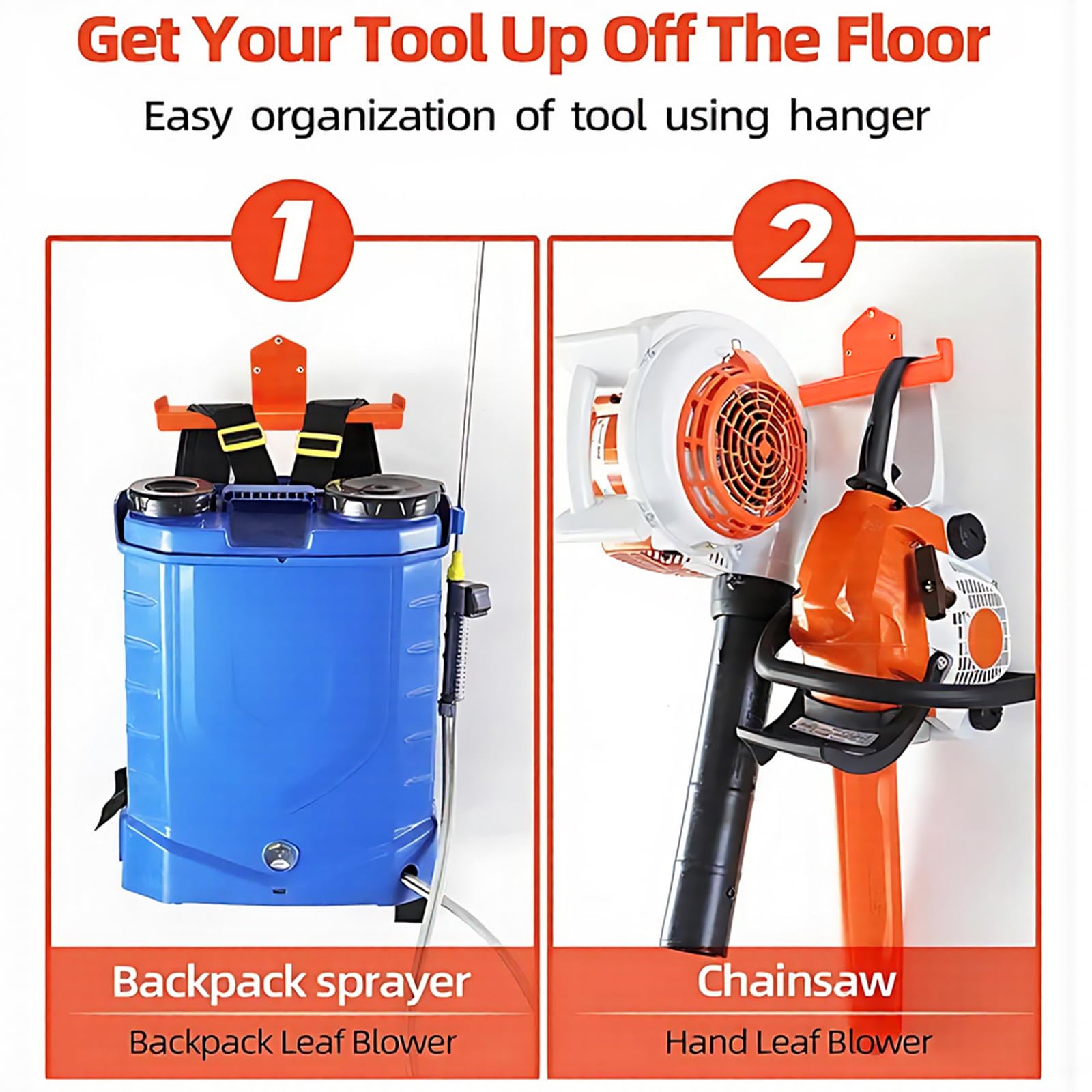 Ganchos de pared para garaje, 2 unidades, para mochila, soplador de hojas, con revestimiento de goma naranja, capacidad de carga máxima de 66 libras, soporte de pared para garaje, cobertizo