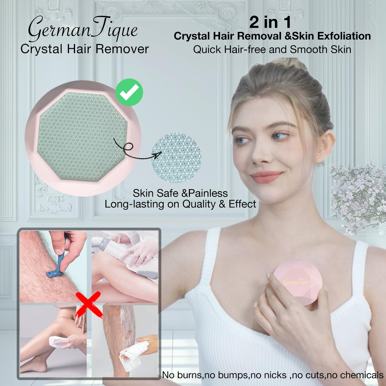 GERMANTIQUE Crystal Hair Eraser,Upgraded Crystal Hair Remover Diamond,Painless and Effective Nano Glass Hair Removal Stone and Skin Exfoliation,Natural Epilator for Women and Men(Pastel Pink) - Image 3