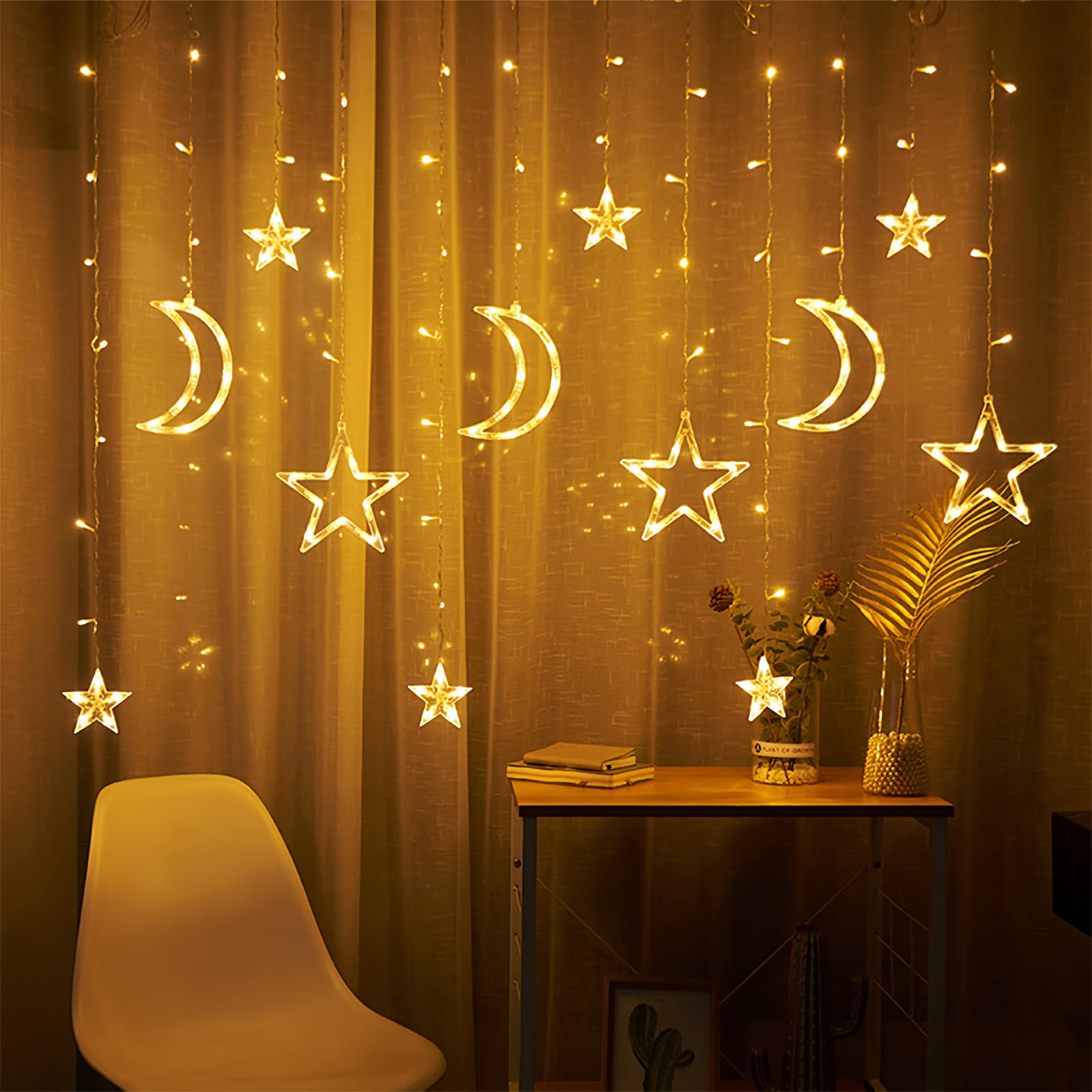Rideaux lumineux décoratifs lune et étoiles, 3,5 m pour chambre à coucher, Noël, décoration du Ramadan, lumière LED scintillante, fonctionne avec piles ou prise USB (jaune chaud + télécommande)