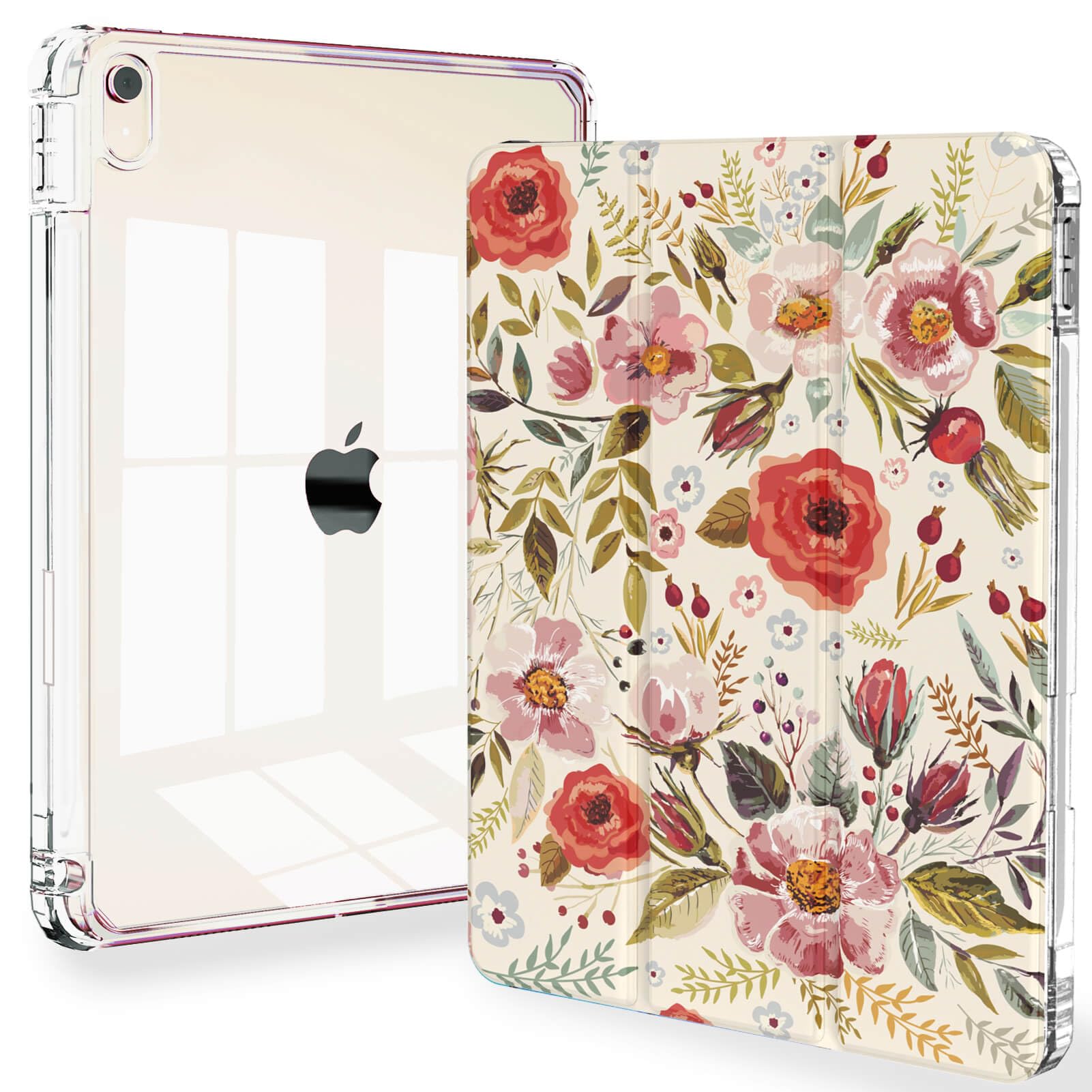 Feams Slim Case for iPad Air 11-inch M3 2025 / M2 2024, iPad Air 5th Generation 2022 / iPad Air 4th Generation 2020 10.9 Inch Case Clear Back with Pencil Holder & Auto Sleep, Vintage Flower