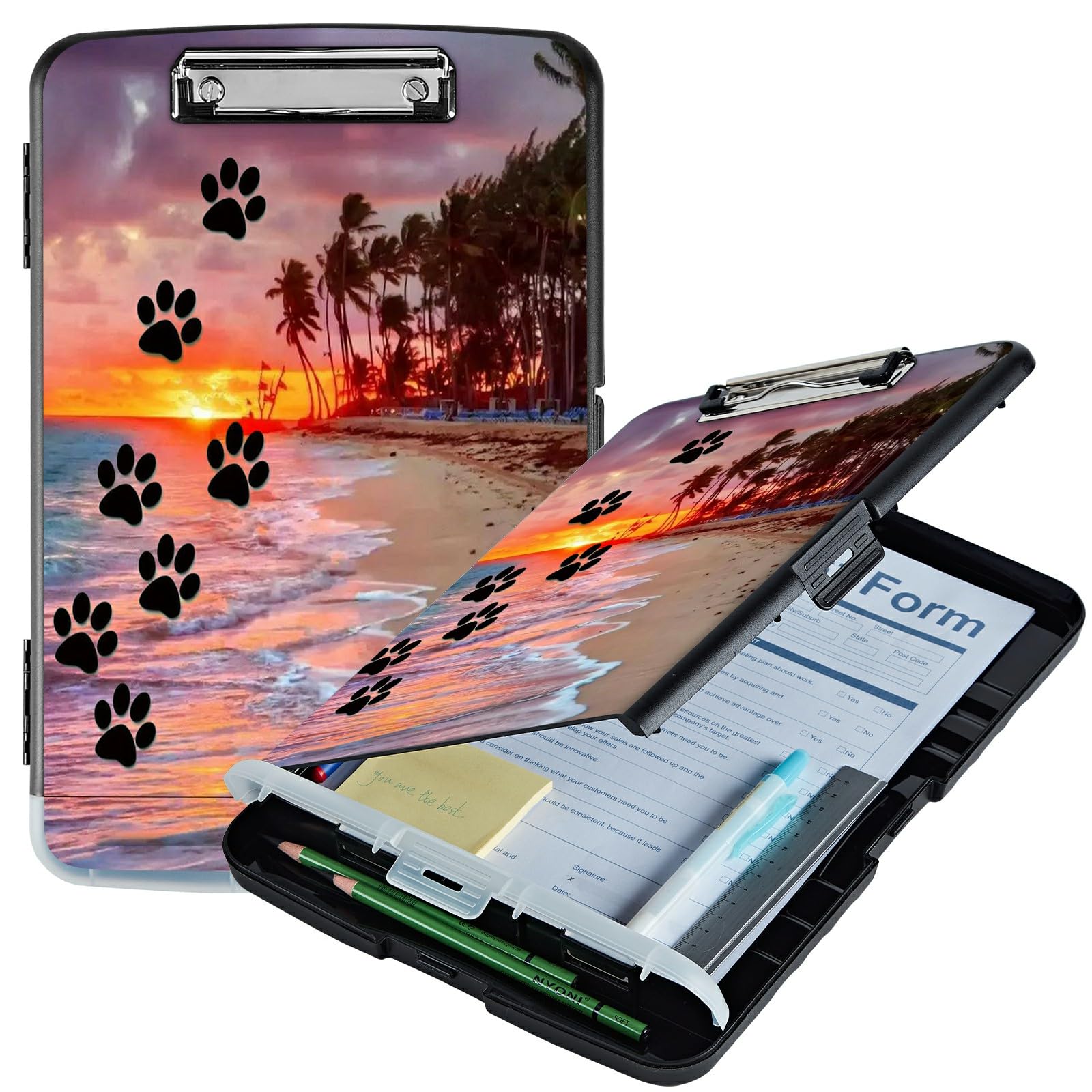 A4 Clipboard with Storage Pen Holder, Clipboards Organizer Nursing Clipboard Foldable File Folder Plastic Clipboard Folio Clip Board for Office Students Classroom Doctor, Dog Paw Print Beach — image 1