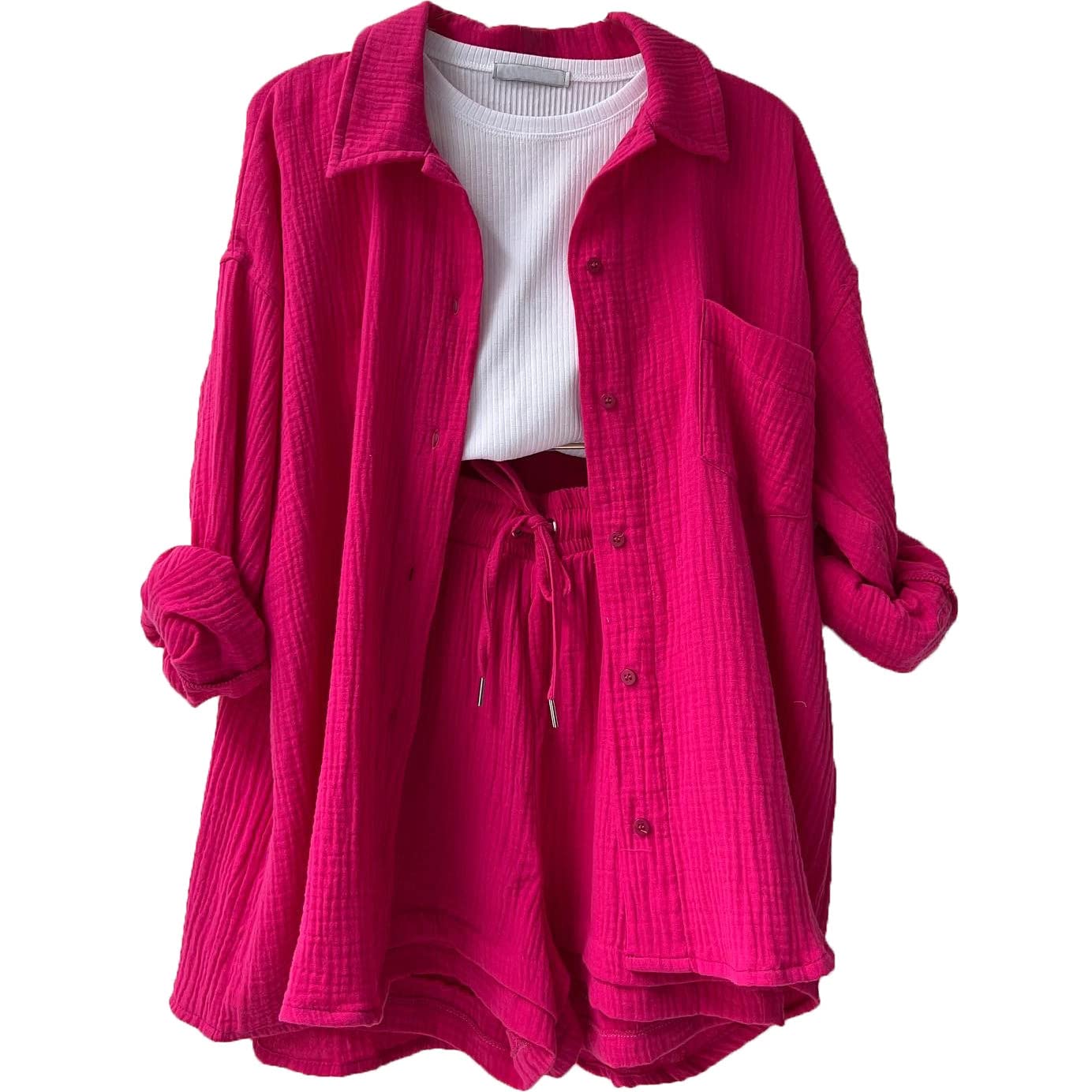 Two Piece Linen Sets for Women Button Down Shirts and Elastic Drawstring Shorts Solid Color Outfits Beach Vacation
