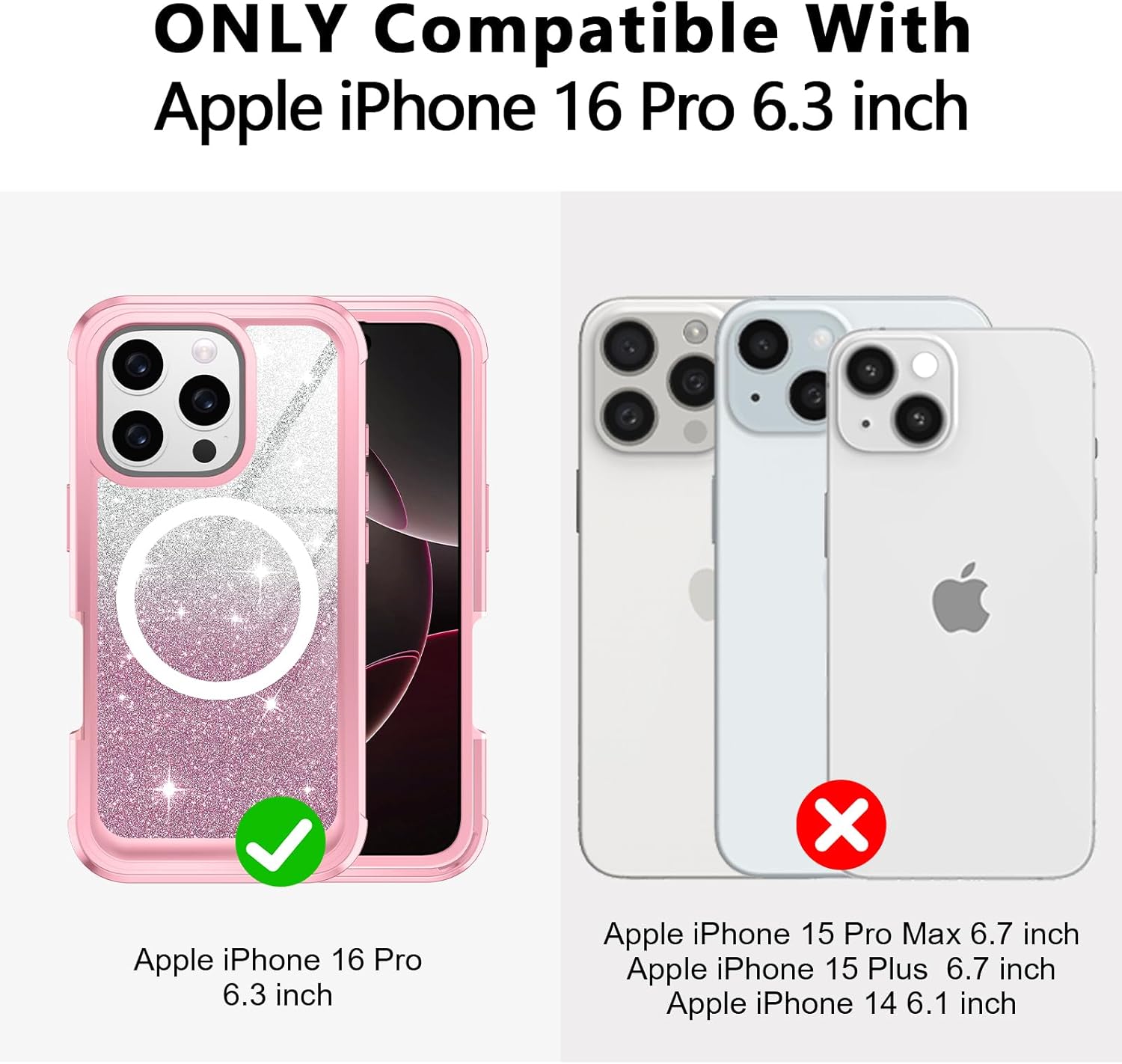 Hekodonk for iPhone 16 Pro Case,Compatible with Magsafe[Built-in 9H Tempered Glass Screen Protector & Camera Lens Protector] Full Body Shockproof Protective Women Girl Bling Case,Pink Glitter - Image 2