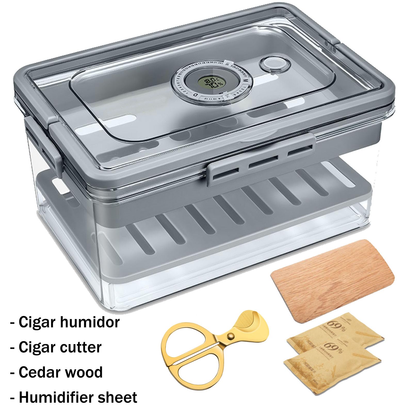 Humidor per Sigari, Trasparente Scatola Portasigari con Mensole in Legno di Cedro E Igrometro, Custodia da Viaggio in Legno di Cedro con CoperchioClear,One Size