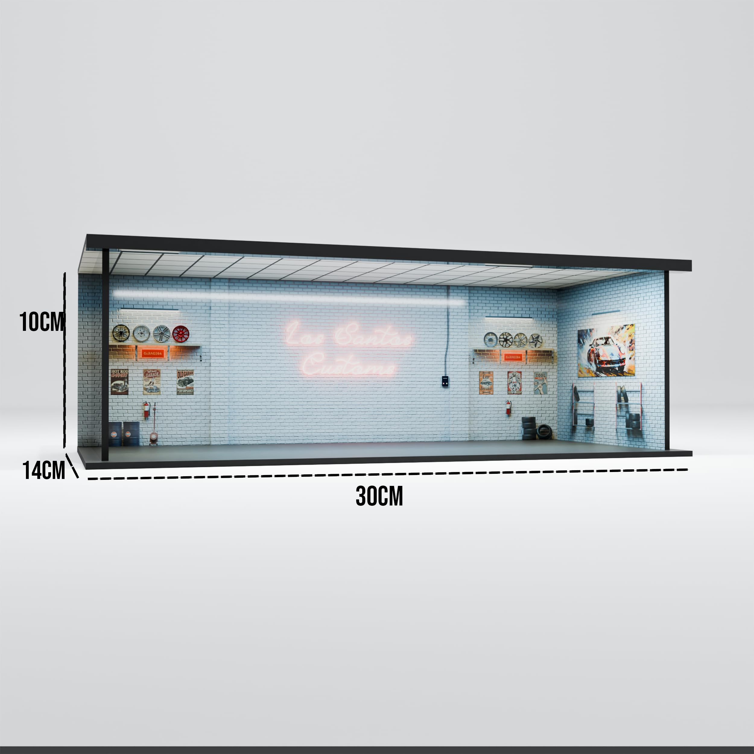 Garage64 Los Santos Customs 1:64 Acrylic Display Garage Diorama with LED for Diecast Cars (30x14x10 cm) – GTA-Inspired Mod Shop for Hot Wheels, JDM, Mini GT - Image 7 thumbnail