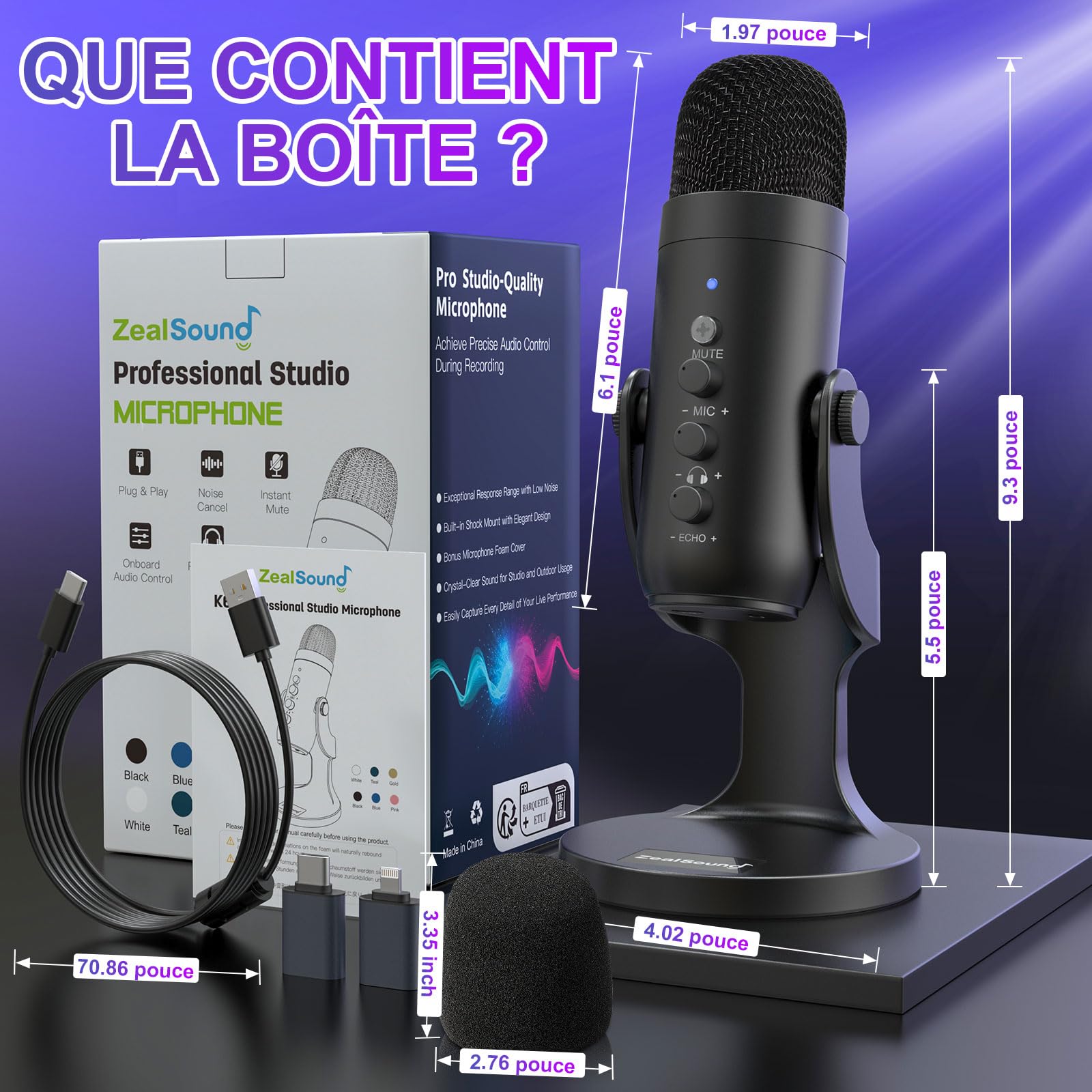 ZealSound Micro Podcast USB à Condensateur - Réduction du Bruit Microphone pour PC, téléphone & iPhone, avec Muet, Gain & Echo, pour Gaming, Streaming, Enregistrement, Twitch, Mac, Windows et PS5, K66