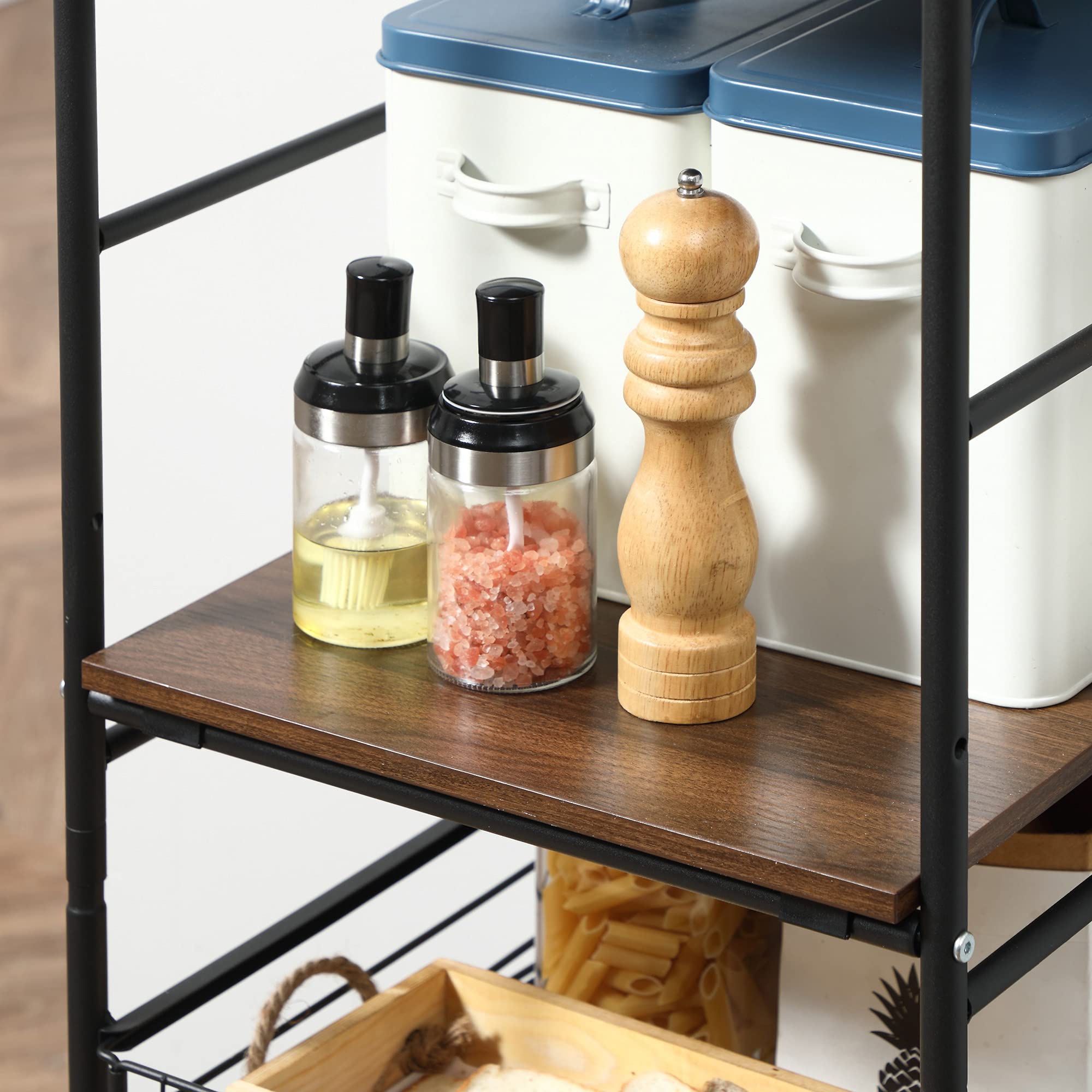 HOMCOM Carrito de Cocina Carrito Auxiliar con Ruedas con 2 Estantes 2 Cestas Extraíbles y 4 Ganchos para Comedor Baño 40x38x111 cm Nogal y Negro