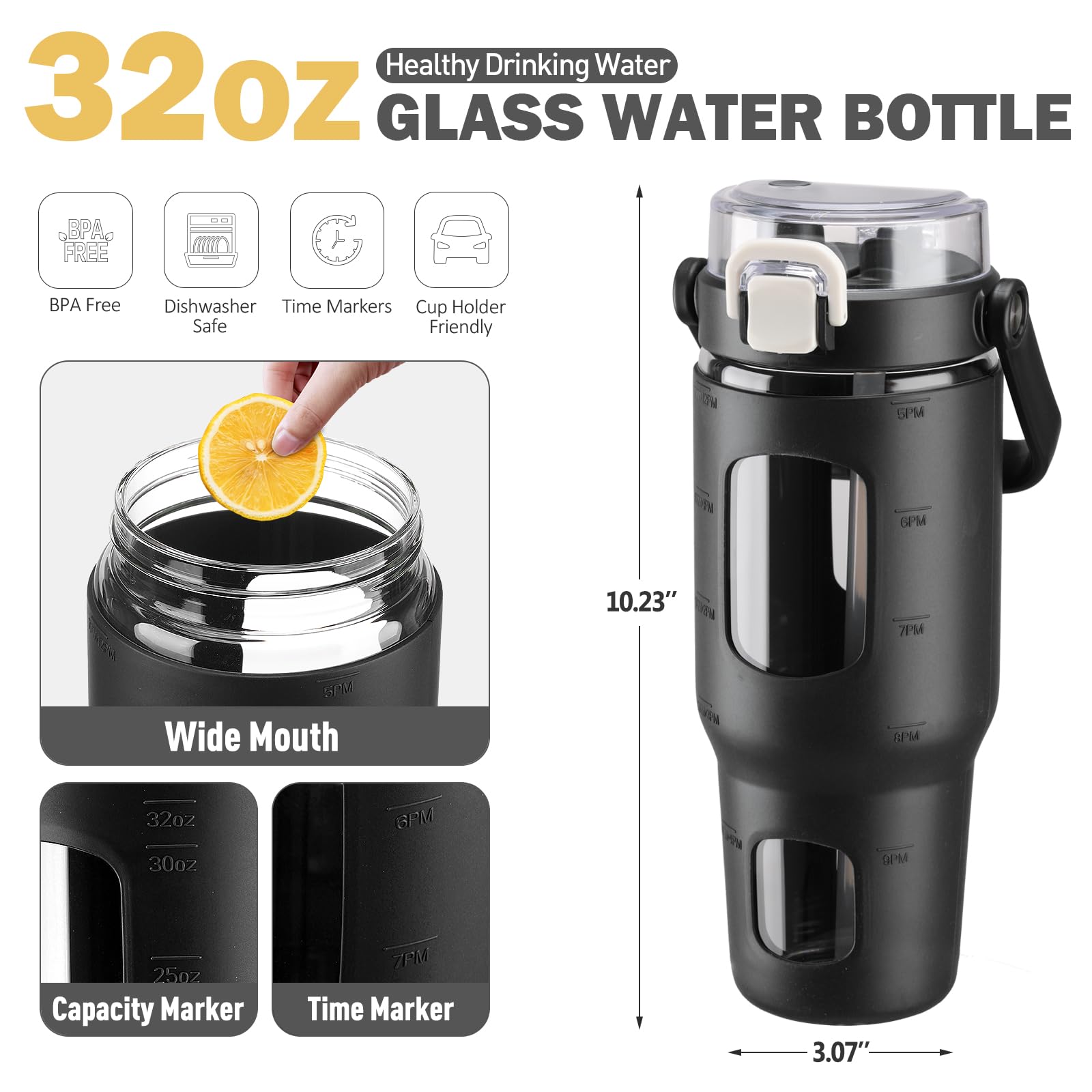 BLUEGO 960ml Bottiglie d'acqua in vetro con cannuccia e indicatore del tempo Bottiglia d'acqua sportiva grande con custodia in silicone 0,96 litri Brocca d'acqua in vetro per palestra, Nero