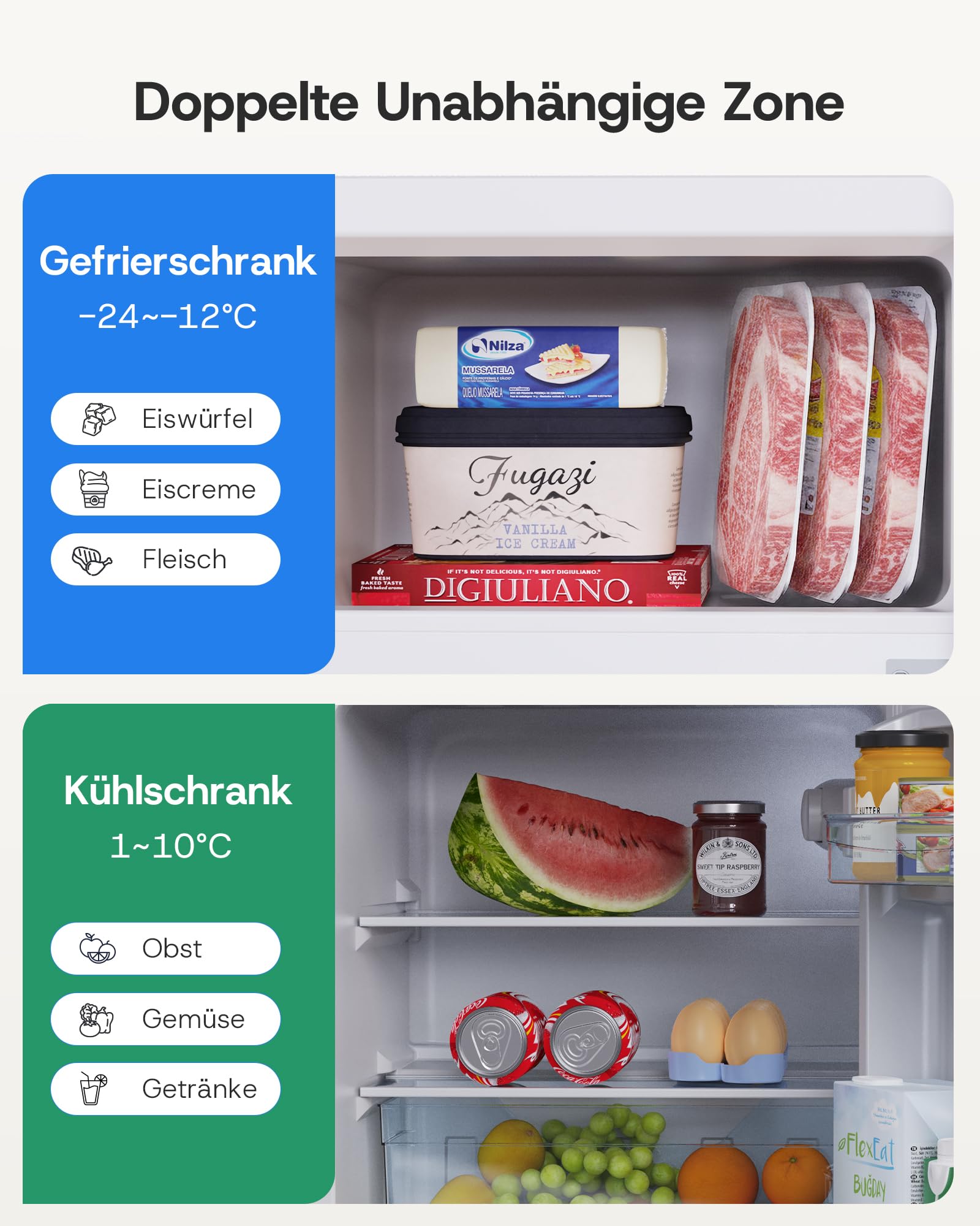 Upstreman 84L Kühl Gefrierkombination, Kühlschrank mit Gefrierfach oben，39dB Leise und LED Beleuchtung，Kleiner Kühlschrank mit 2 Wechselbare Tür, TM84 Schwarz